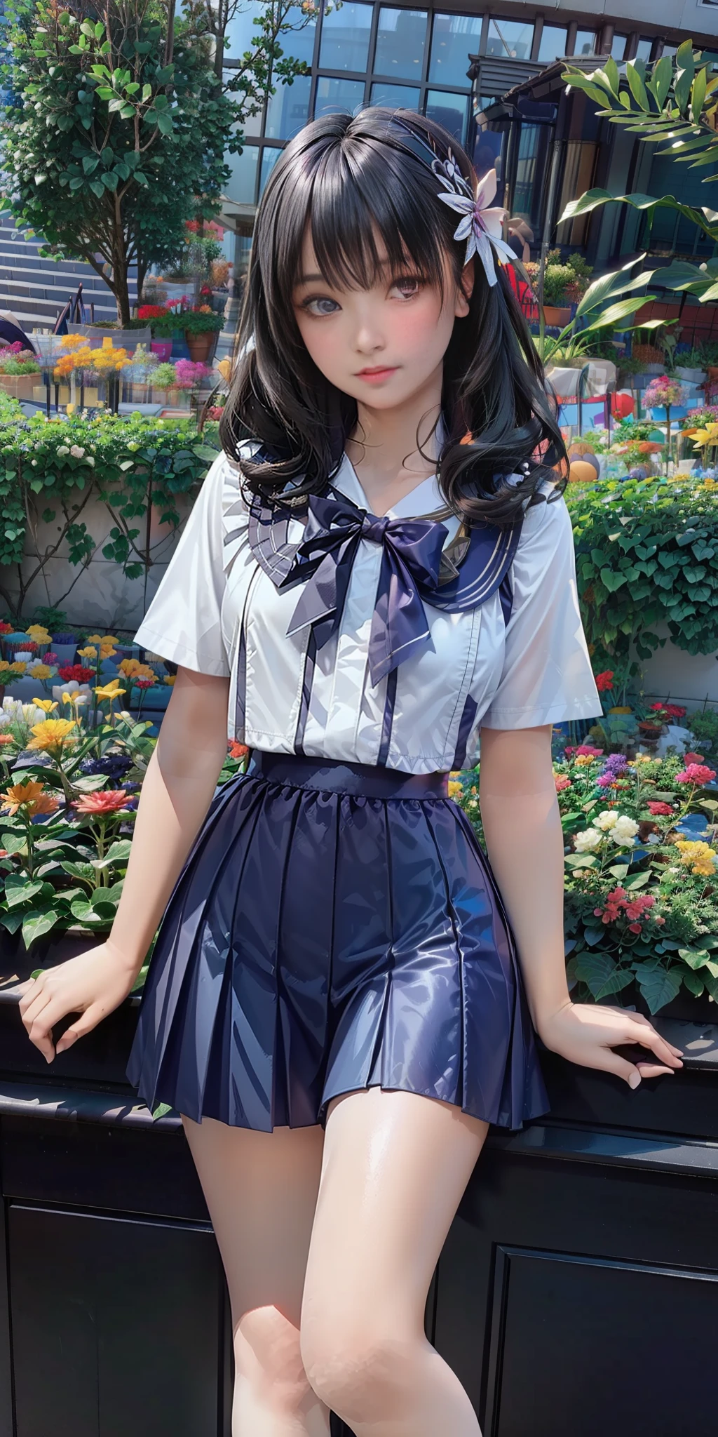 (Masterpiece), (High Quality), Best Quality, Real, (Realistic), Super Detailed, (Full Detail), 8k, Realistic, ((1girl)), (White Big Curls: 1.5), (Purple Eyes: 1.2), Glowing Eyes, Cropped Top, Pleated Skirt, Slightly Open Lips, Blushing, Flowers, Sun, Sunlight, Global Illumination, OC Rendering