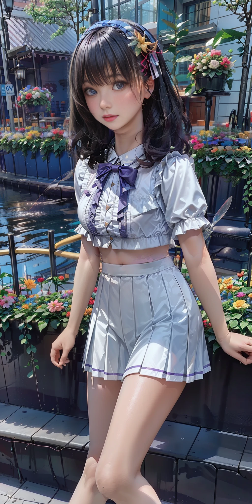(Masterpiece), (High Quality), Best Quality, Real, (Realistic), Super Detailed, (Full Detail), 8k, Realistic, ((1girl)), (White Big Curls: 1.5), (Purple Eyes: 1.2), Glowing Eyes, Cropped Top, Pleated Skirt, Slightly Open Lips, Blushing, Flowers, Sun, Sunlight, Global Illumination, OC Rendering