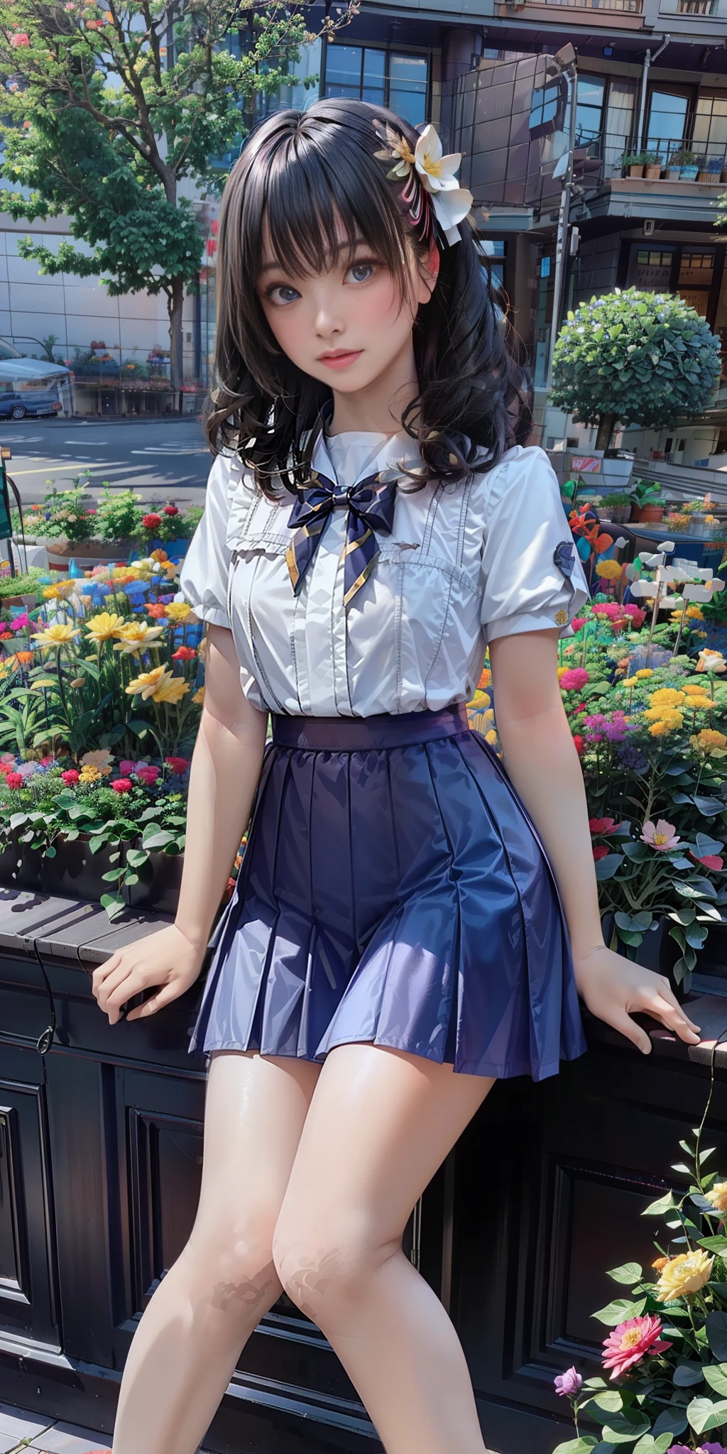 (Masterpiece), (High Quality), Best Quality, Real, (Realistic), Super Detailed, (Full Detail), 8k, Realistic, ((1girl)), (White Big Curls: 1.5), (Purple Eyes: 1.2), Glowing Eyes, Cropped Top, Pleated Skirt, Slightly Open Lips, Blushing, Flowers, Sun, Sunlight, Global Illumination, OC Rendering