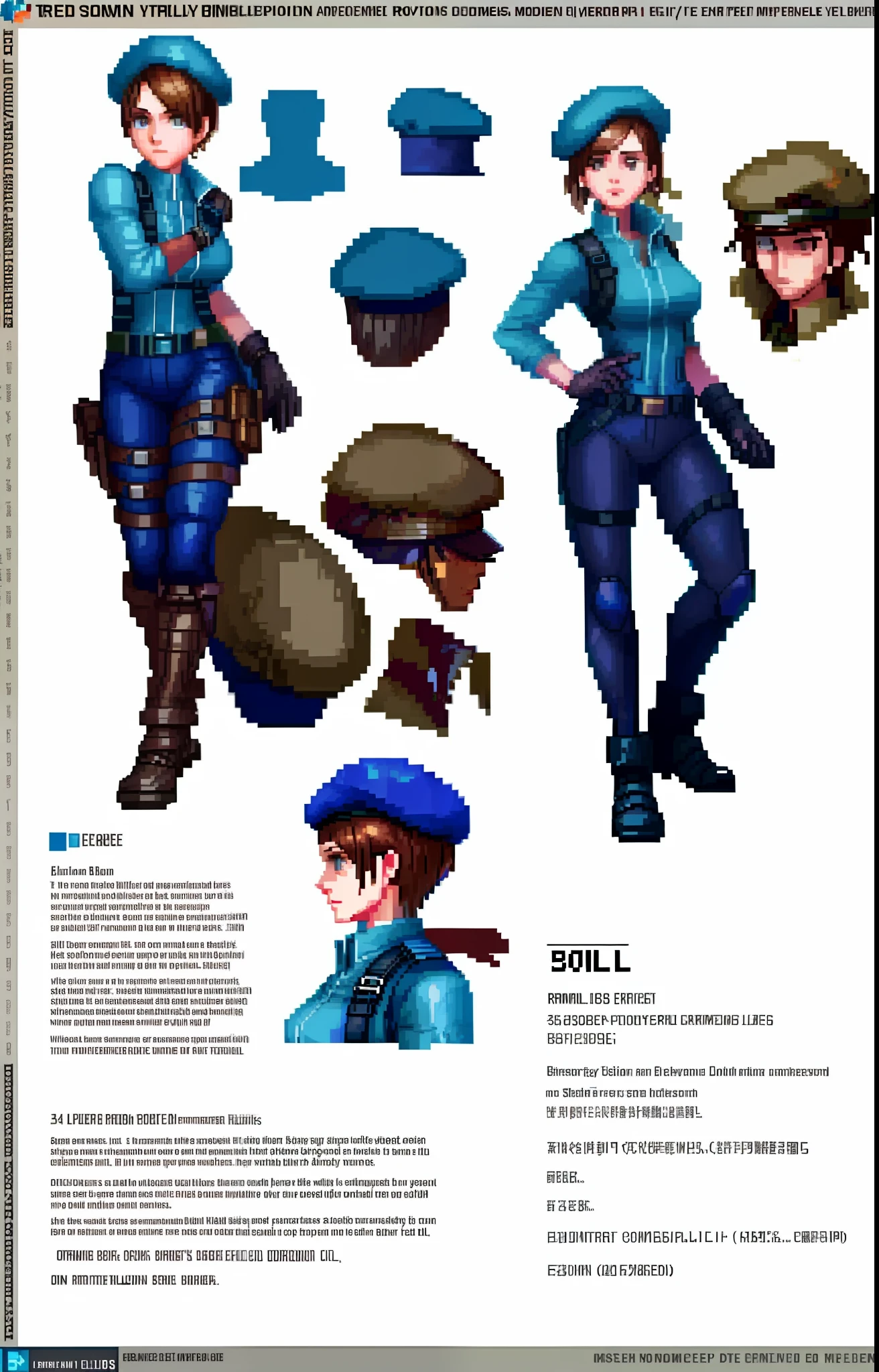 reference sheet of a character wearing the same clothes, Jill Valentine, short brown hair, soldier's beret, armor, pixel art