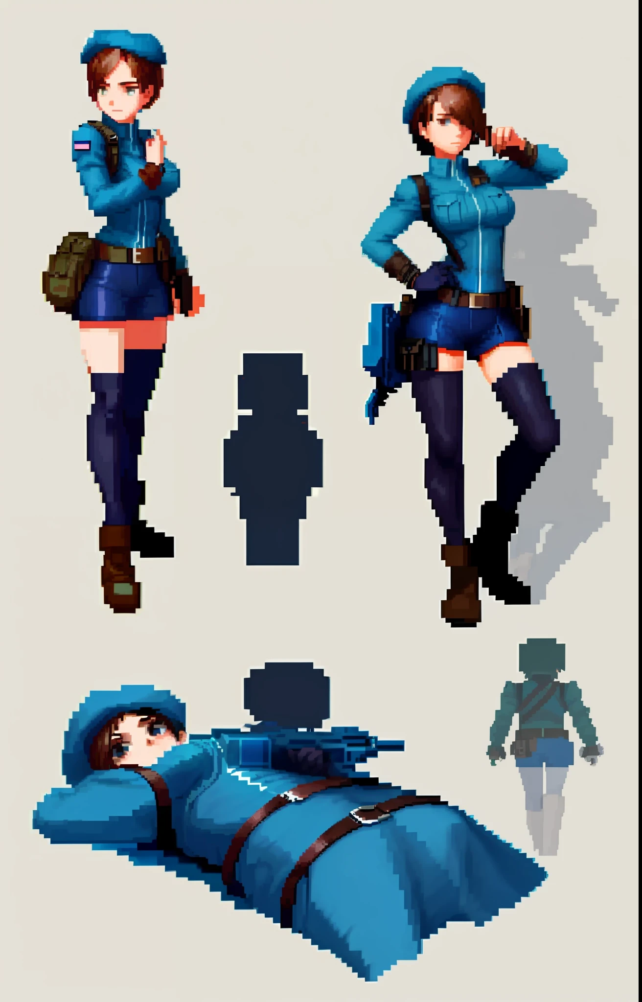 reference sheet of a character wearing the same clothes, Jill Valentine, short brown hair, soldier's beret, armor, pixel art