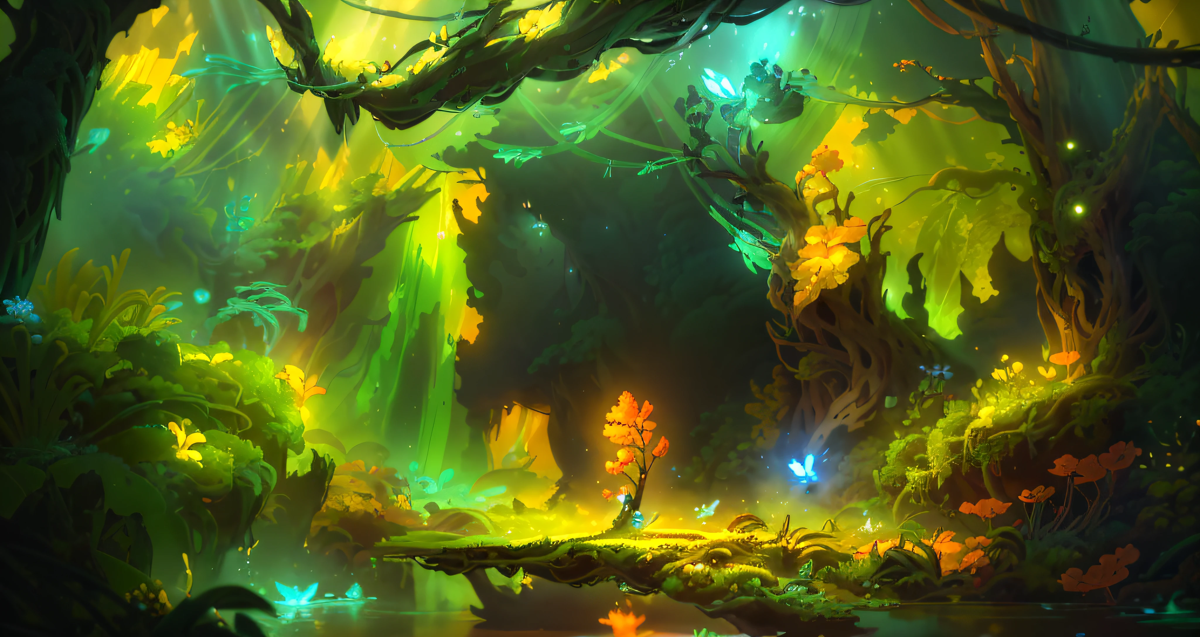 Masterpiece, best quality, extremely beautiful reflections, (very detailed CG unity 8k wallpaper), (best quality), (best illustrations), (best shadows), forest theme with natural elements. Tall trees, quiet streams, glowing little mushrooms, surrounded by delicate leaves and branches,,, (natural elements), (jungle theme), (leaves), (branches), butterflies, (delicate leaves), (glow), (particle effects). , isometric 3D, Octane rendering, ray tracing, super detailed indie game concept art, painting for game concept art, game concept art, 2d concept art, concept art for video games, 2d digital video game art, 2d game art, 2d game art, children's art in artstation, alien jungle, digital painting concept art, mysterious, weak glow,