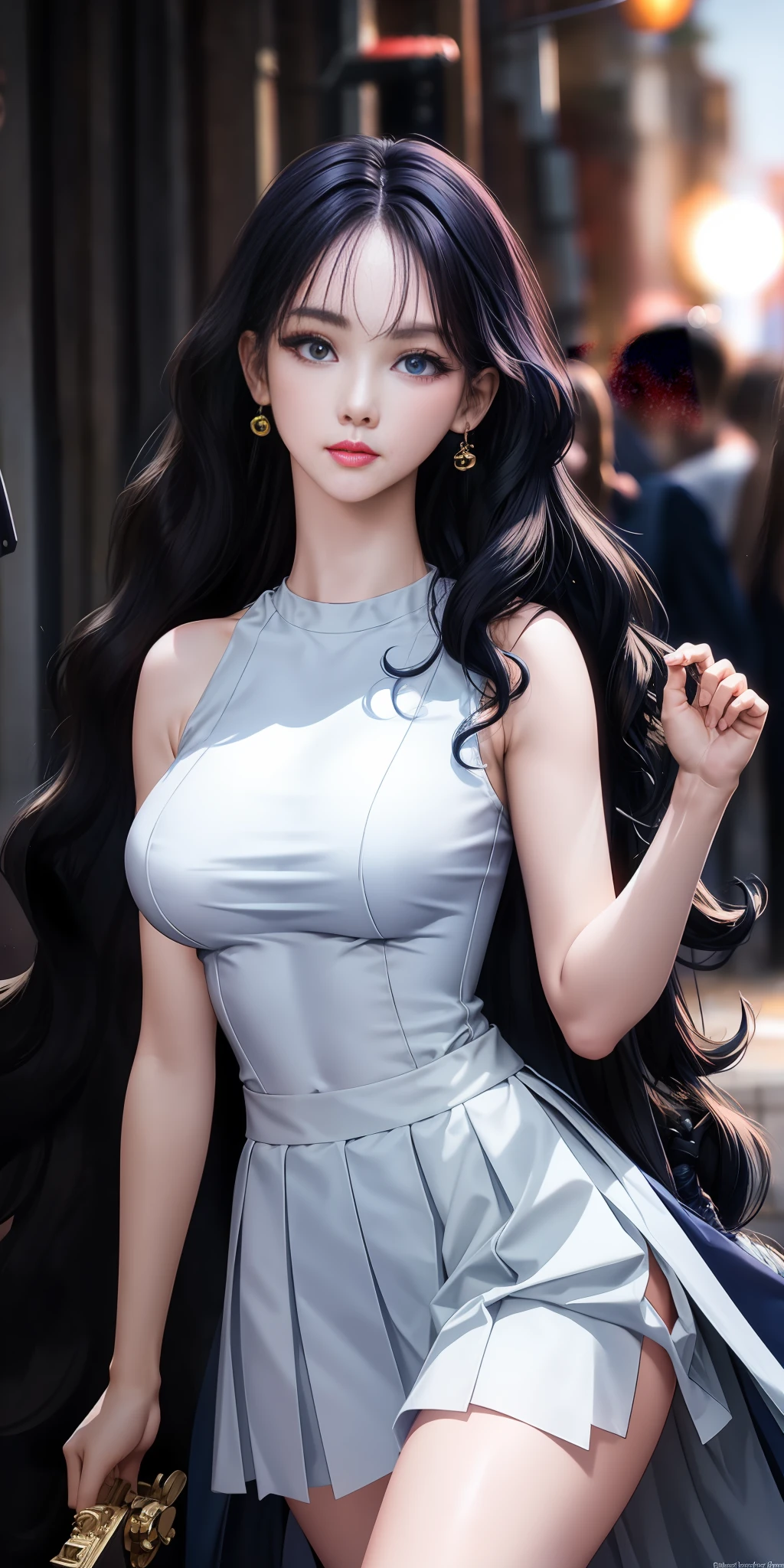 (Masterpiece), (High Quality), Best Quality, Real, (Reality), Super Detail, (Full Detail), 8K, Realistic, ((1girl)), (((White Big Curly Hair))), (Blue Eyes: 1.5), Glow Eyes, Cropped Top, Pleated Skirt, Slightly Open Lips, Blush, Flowers, Wide Angle Lens, (Background Blur: 1.5), Elements with Clouds and Water, Sun, Sunlight, Global Illumination, OC Rendering