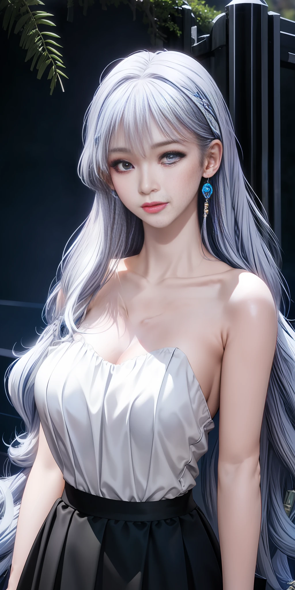 (Masterpiece), (High Quality), Best Quality, Real, (Reality), Super Detail, (Full Detail), 8K, Realistic, ((1girl)), (((White Big Curly Hair))), (Blue Eyes: 1.5), Glow Eyes, Cropped Top, Pleated Skirt, Slightly Open Lips, Blush, Flowers, Wide Angle Lens, (Background Blur: 1.5), Elements with Clouds and Water, Sun, Sunlight, Global Illumination, OC Rendering