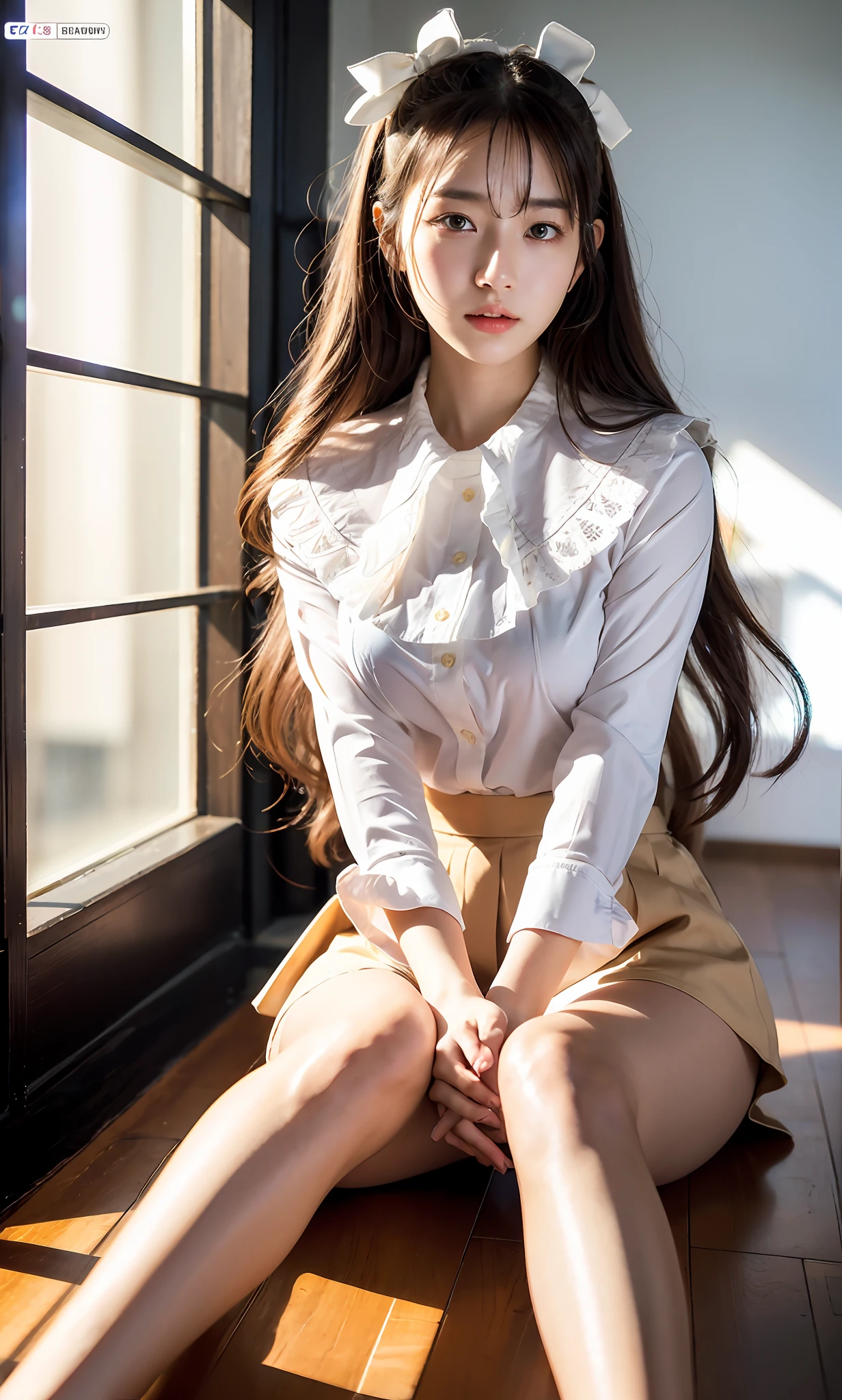 ulzzang-6500-v1.1, (Raw photo:1.2), (Photorealistic:1.4), Beautiful detailed girl, Very detailed eyes and face, Beautiful detailed eyes, Ridiculous, Incredibly ridiculous, Huge file size, Ultra detailed, High resolution, Very detailed, Top quality, Masterpiece, Kemomimi, ((Japan girls' high school white blouse)), Illustration, Very detailed, CG, unification, 8k wallpaper, fantastic, fine detail, masterpiece, best quality, highly detailed cg uniform 8k wallpaper, light on face, movie lighting, girl, (without panties)), ((dynamic pose))), (camel toe), (half), (bare feet), (sitting legs bending knees))