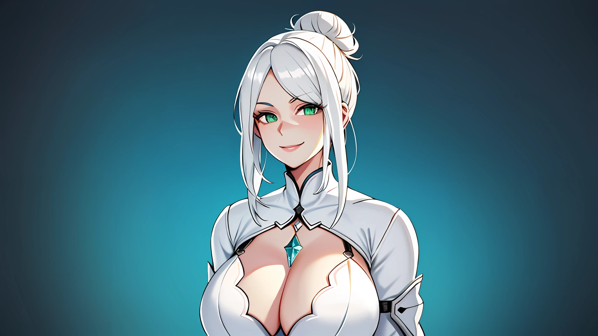 A closeup of a woman with very large breasts - girl with silver hair, woman with white hair, (showing forehead), highly detailed character, green eyes, white hair in a bun, tight white dress, neckline, side bangs, hyperdetailed costume character, April render, female character, character with noble woman smile, 3 d render art character 8 k, v of the devil can cry,  black background