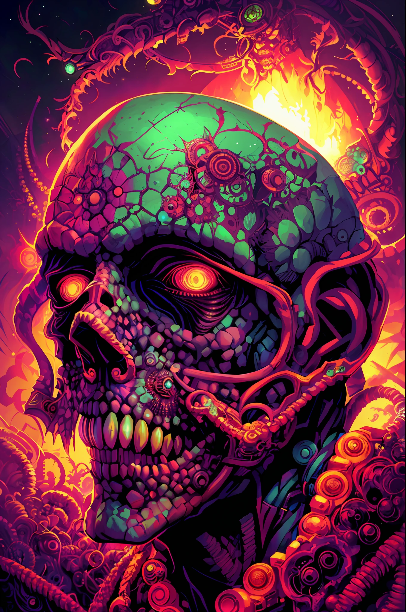 Incrível zumbi, (bad dream vision perfect art, 64k ultra hd:1.1), (arte por apterus, arte por dan mumford, arte por lovecraft:1.2), by Eloh projects, with Kene shipibo paint in your face visionary art by Luis Tamani and Anderson Debernardi, Luke Brown Spectraleyes visionary art, close up of a person wearing a costume, 𝘝𝘪𝘴𝘪𝘰𝘯𝘢𝘳𝘺 𝘈𝘳𝘵 𝘣𝘺 𝘎𝘦𝘦𝘯𝘴𝘴 𝘈𝘳𝘤𝘩𝘦𝘯𝘵𝘪, fluorescent colors, psychedelic colorful, ayahuasca visions dmt, background sacred geometry by mechmaster mike, fractalpunk, full portrait of electromancer, very detailed bioorganic art, Biomimetics elements of nature, Bioorganic shadowrunner shamaness, Mb3d render by yuvrajimaginaria, generativeart by atelier olschinsky, aumegaart, luminokaya and igor goryunov, giant distant mecha in epic pose in the center, front view, By beeple, delusions, Aiart on instagram, Mattspaceofficial, Wideangle by beeple, Darkfantasy by tomaszalenkopera, raibovitchev, giger biomechanical alien art, Intricate linework by clogtwo gundamstar