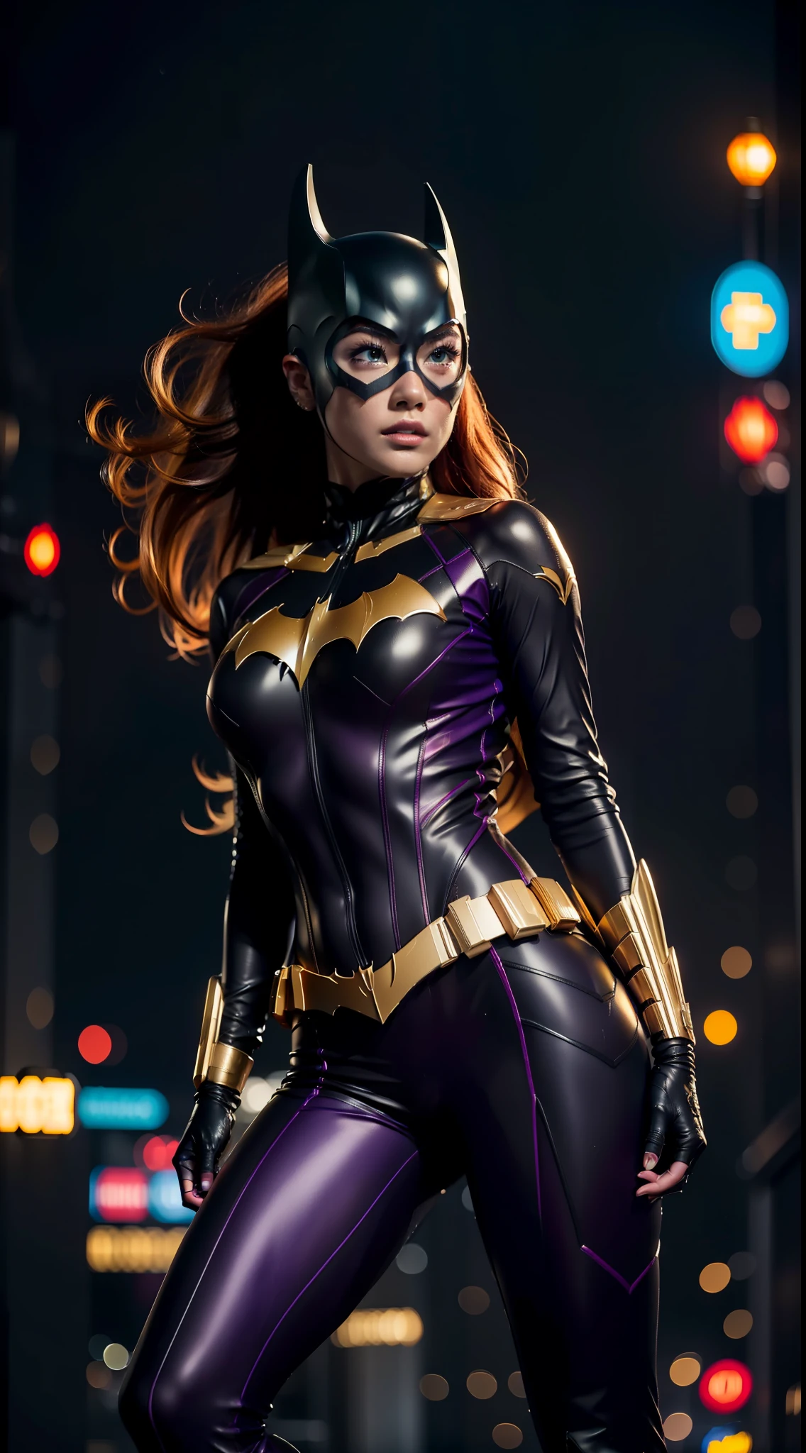 beautiful asian woman, purple color outfit, beauty, Batgirl clothes, Batgirl cosplay, wind effect, full body photo, prominent figure, standing on the edge of a skyscraper, night, photo (Masterpiece) (Best quality) (Detail) (8K) (HD) (Wallpaper) (Cinematic lighting) (Sharp focus) (Intricate), sexy, rain, wet, rays, best quality, ultra high resolution, photorealistic, full body portrait,  Incredibly beautiful, dynamic poses, detailed skin texture, highly detailed skin, detailed face, neon details.