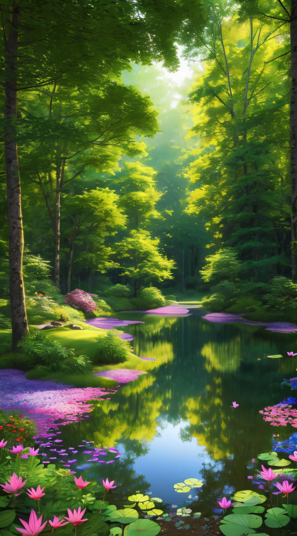 High resolution, masterpiece, photoquality, 8K, hyper-detailed, psychedelic feeling, dream forest, tall trees in the forest, dense foliage, sunlight spilling through the leaves on the ground, emitting a faint glow, a stream flowing through the forest, (a colorful butterfly, it dances among the flowers: 1.5), wildflowers, gently swaying in the breeze, a small pond, multi-color matching, soft light, edge light, ray tracing, global illumination, hyperrealism, realistic 3D, wide field of view --auto --s2