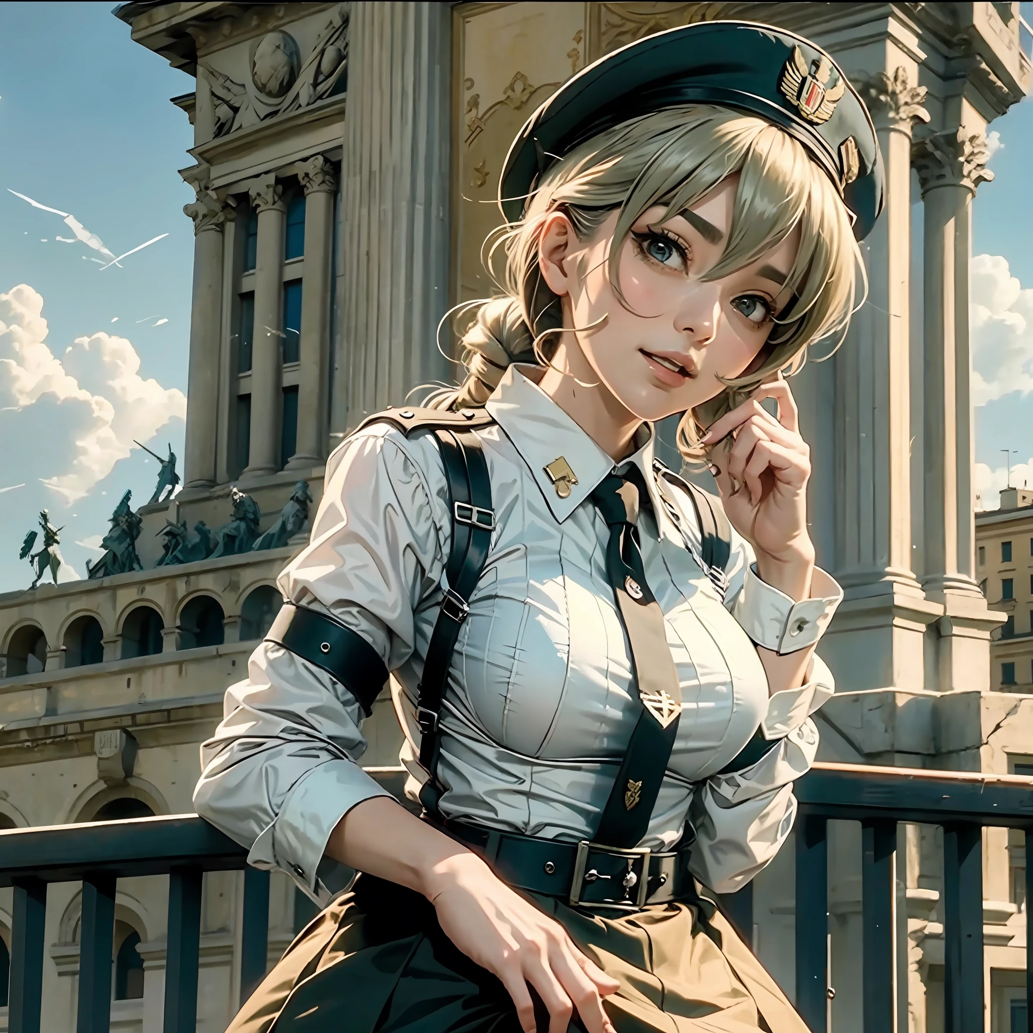 anchovy from girls und panzer wearing mussolini clothes giving a speach on the italy mussolini's balcony --auto --s2