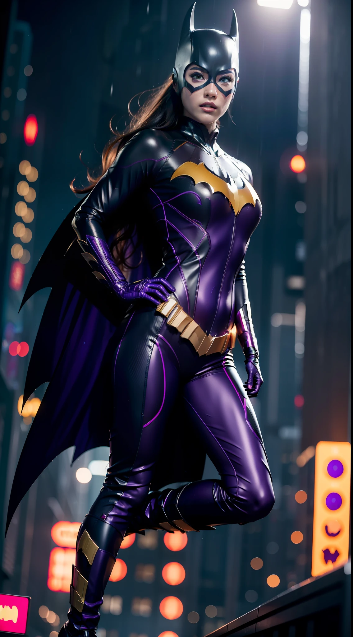 beautiful asian woman, purple color outfit, beauty, Batgirl clothes, Batgirl cosplay, wind effect, full body photo, prominent figure, standing on the edge of a skyscraper, night, photo (Masterpiece) (Best quality) (Detail) (8K) (HD) (Wallpaper) (Cinematic lighting) (Sharp focus) (Intricate), sexy, rain, wet, rays, best quality, ultra high resolution, photorealistic, full body portrait,  Incredibly beautiful, dynamic poses, detailed skin texture, highly detailed skin, detailed face, neon details.