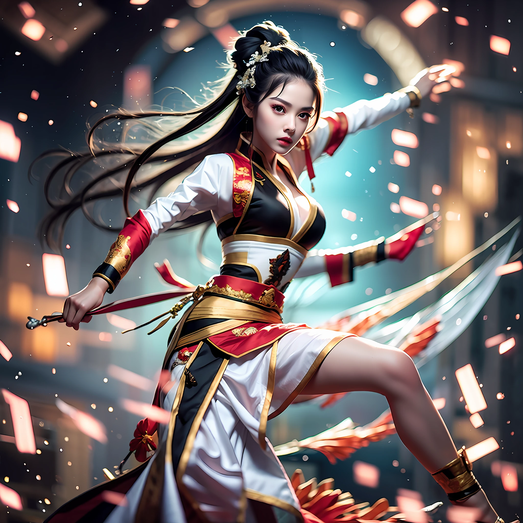 Kung fu fighter, sexy, brunette, little clothes, long hair, white skin, beautiful woman, moving fighting, photorealistic, --auto --s2