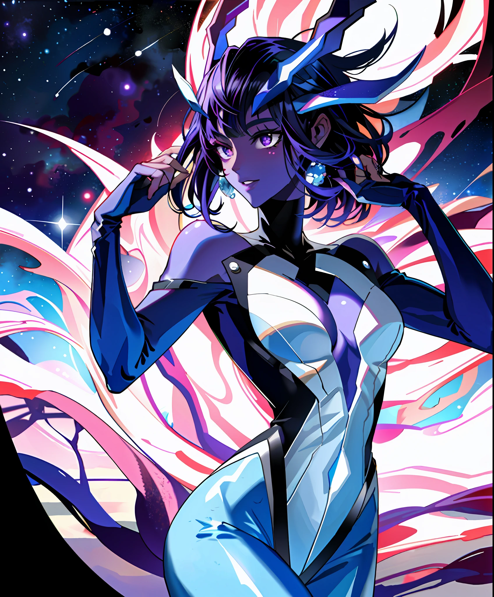 masterpiece, high quality, sharp focus, deep space photography, alien woman, purple skin, tentacles, alien costume, perfect face, perfect jawline, textured skin, beautiful lips, cowboy shot, sunrays, movie lighting, cool atmosphere, 8k, uhd, absurd