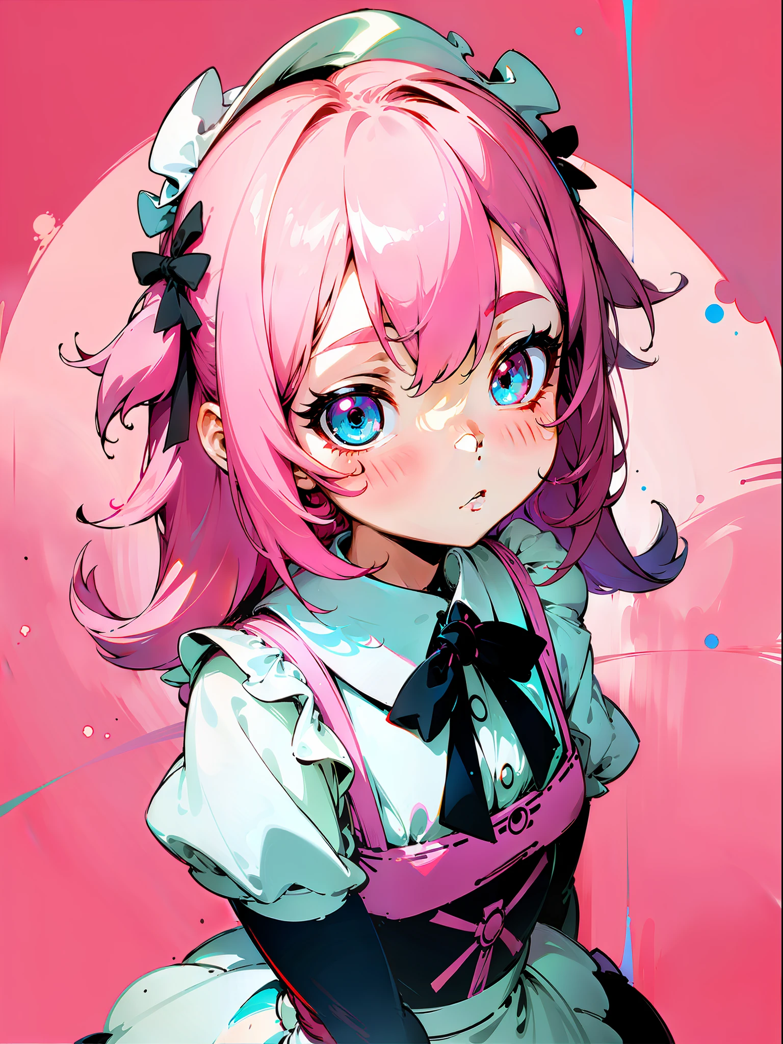 ((Best Quality)), (((Flat Color))), Thick Silhouette, Bright and Soft Diffuse Light, Depth of Field, LOLI, ((Upper Body)), From Above, Black and White Maid Outfit, Genki, Shelcom, Pink Hair, Cute Natural Makeup, Art Hair Eyes, Expressive Face, Fisheye