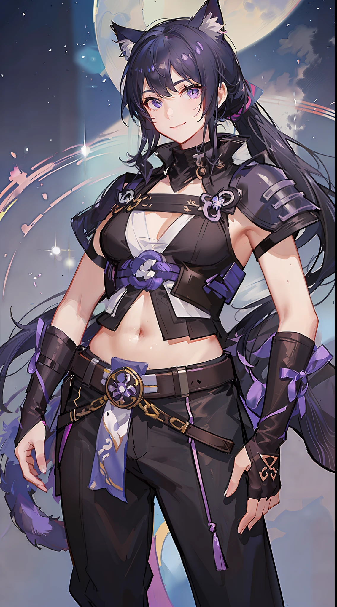 Young guy, long black hair, high ponytail, purple eyes, cat ears, shinobi shape, pants, open belly, smile, masterpiece, high quality