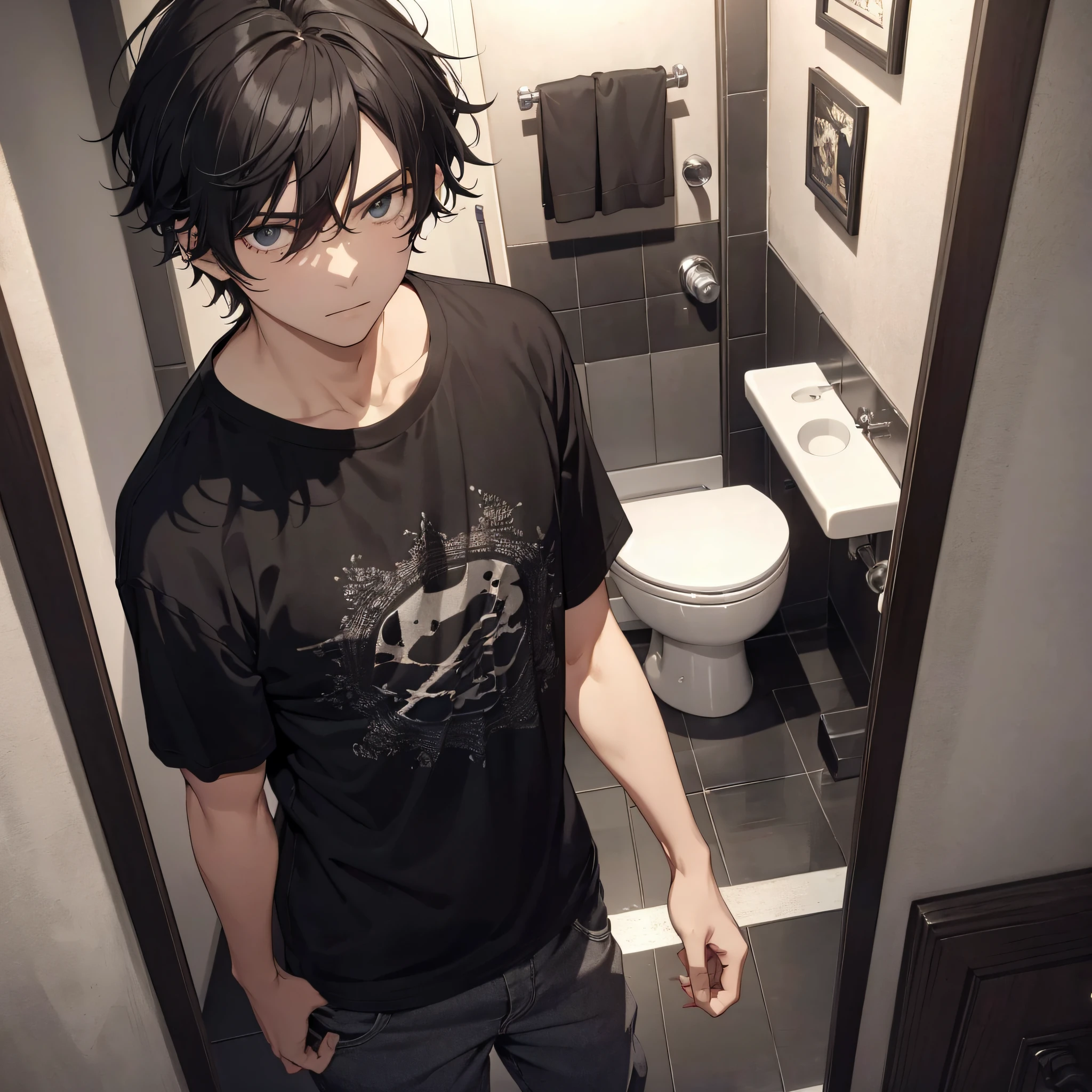 Absurd resolution, high resolution, (masterpiece: 1.4), hyper-detail, young man messy short black hair, black casual clothes, spooky room, toilet doorway