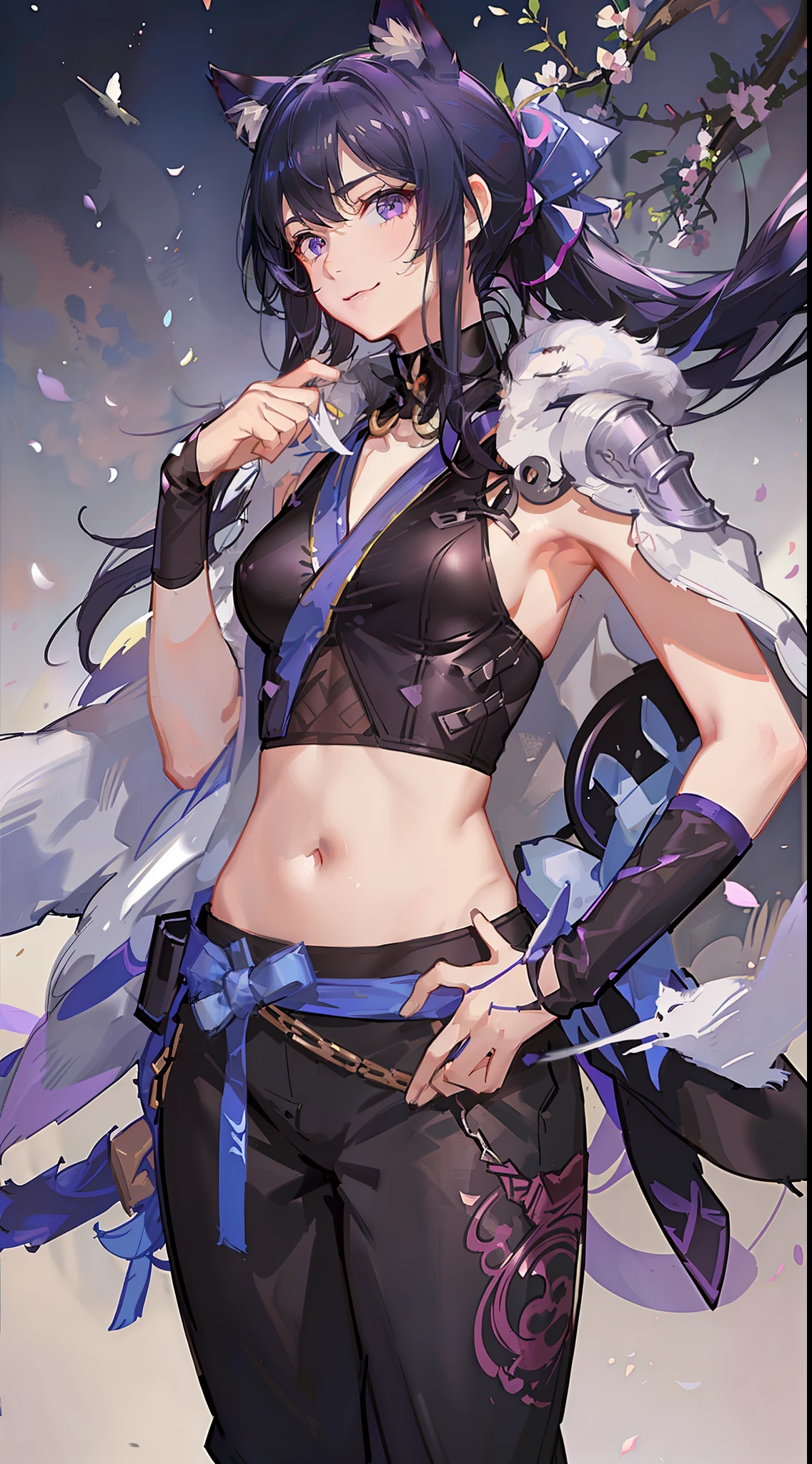 Young guy, long black hair, high ponytail, purple eyes, cat ears, shinobi shape, pants, open belly, smile, masterpiece, high quality