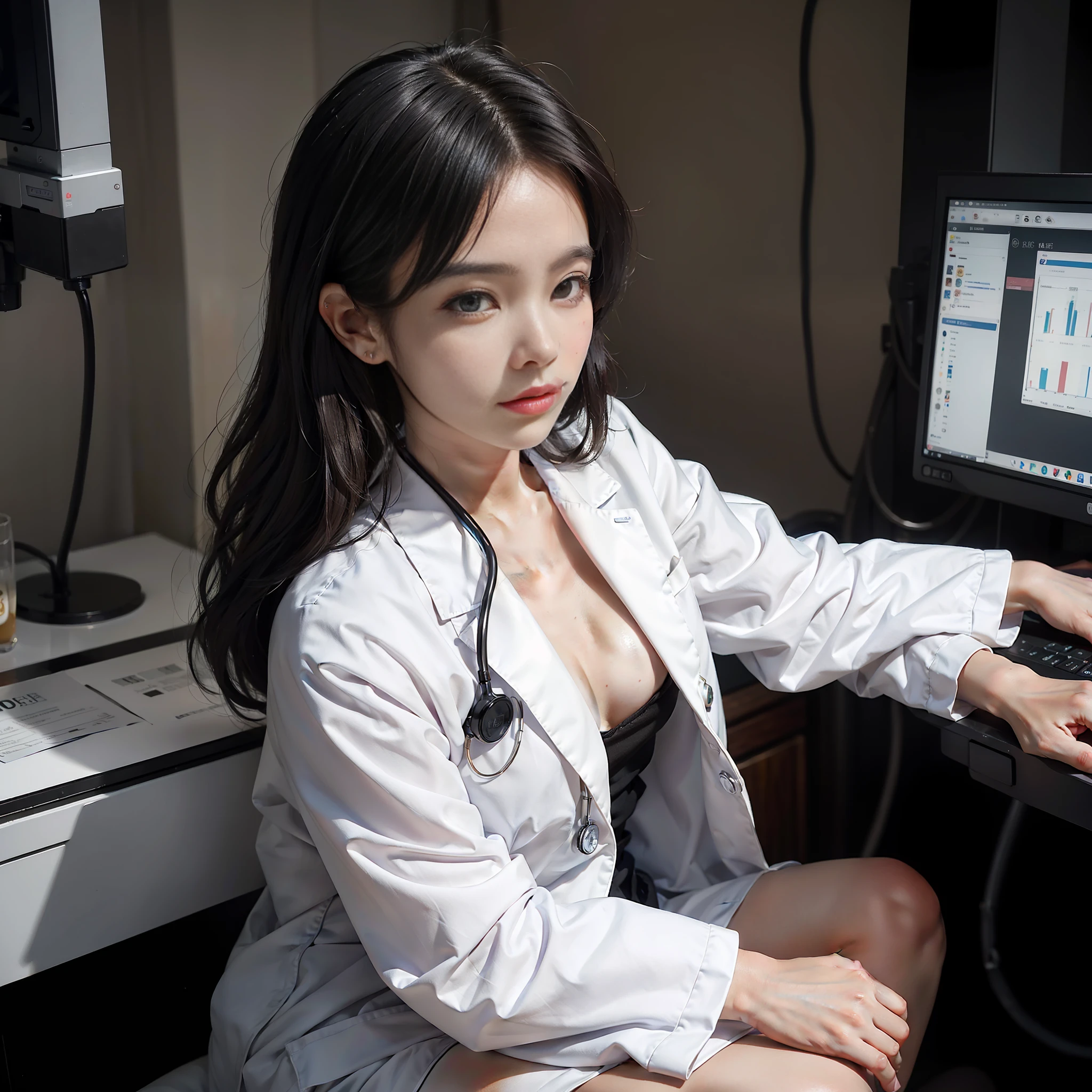 ((Masterpiece))), ((Highest Quality)),(Female Doctor),((White Coat))),(Visible))),(Doctor),(Female doctor examined at the hospital))),((Female doctor examined at the hospital))),(Topless)), (wearing stethoscope),((Sitting)),Sexy and dull bangs, From various angles, Angles from below, Sitting, Black eyebrows, glossy skin, beautiful, smile, super high resolution, (photo: 1.4), black hair, Cute natural skin, ((Black pubic hair)),(round face)), small and cute nose, big, upwardly curved eyes and cute atmosphere, small hips, 1 person