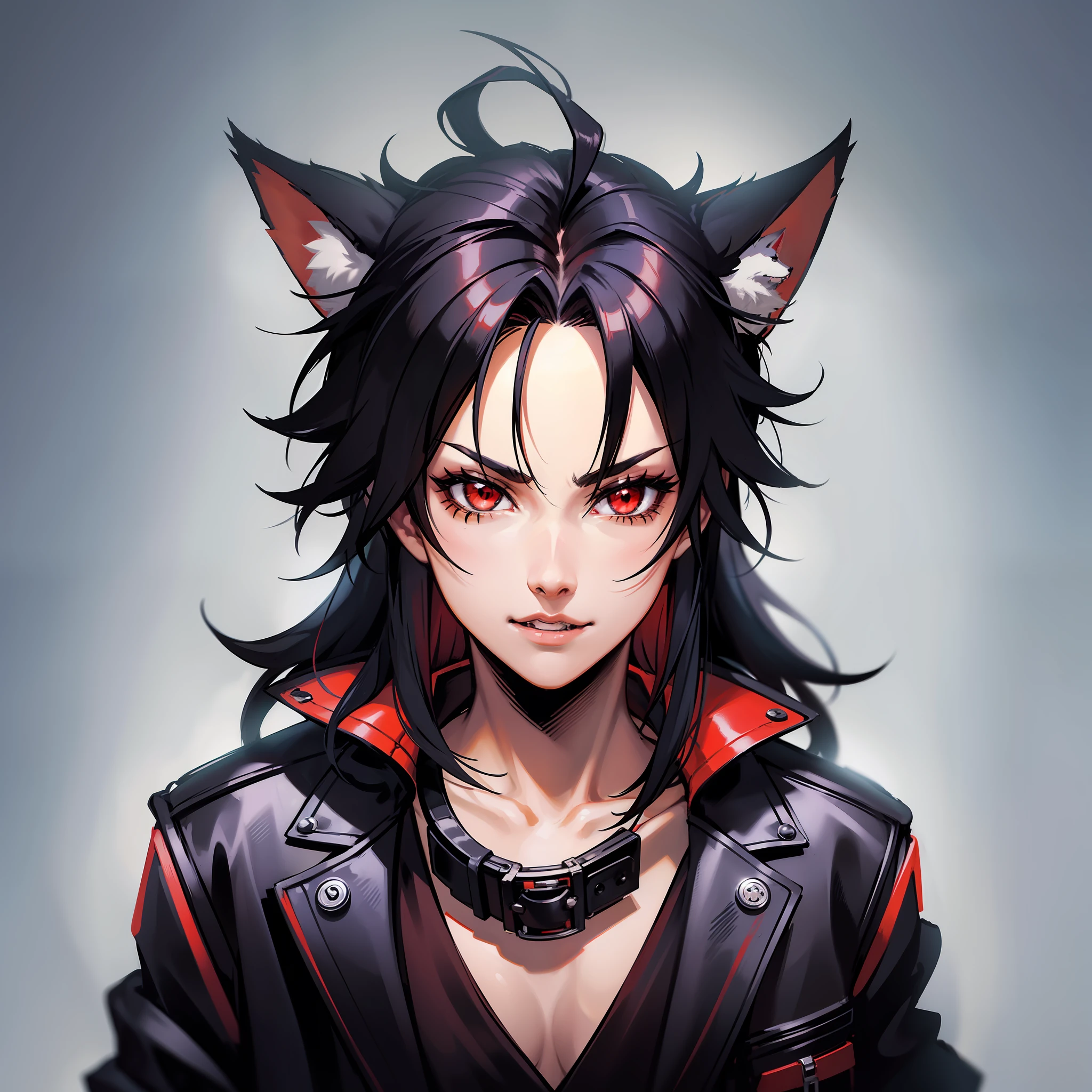 (anthropomorphic fox cute puppy) with black jacket, red eyes, hairy body, bad boy, young, portrait, bust, posture facing the camera, cartoon, dress as 80s metalhead rocker masterpiece, confident posture, youtuber