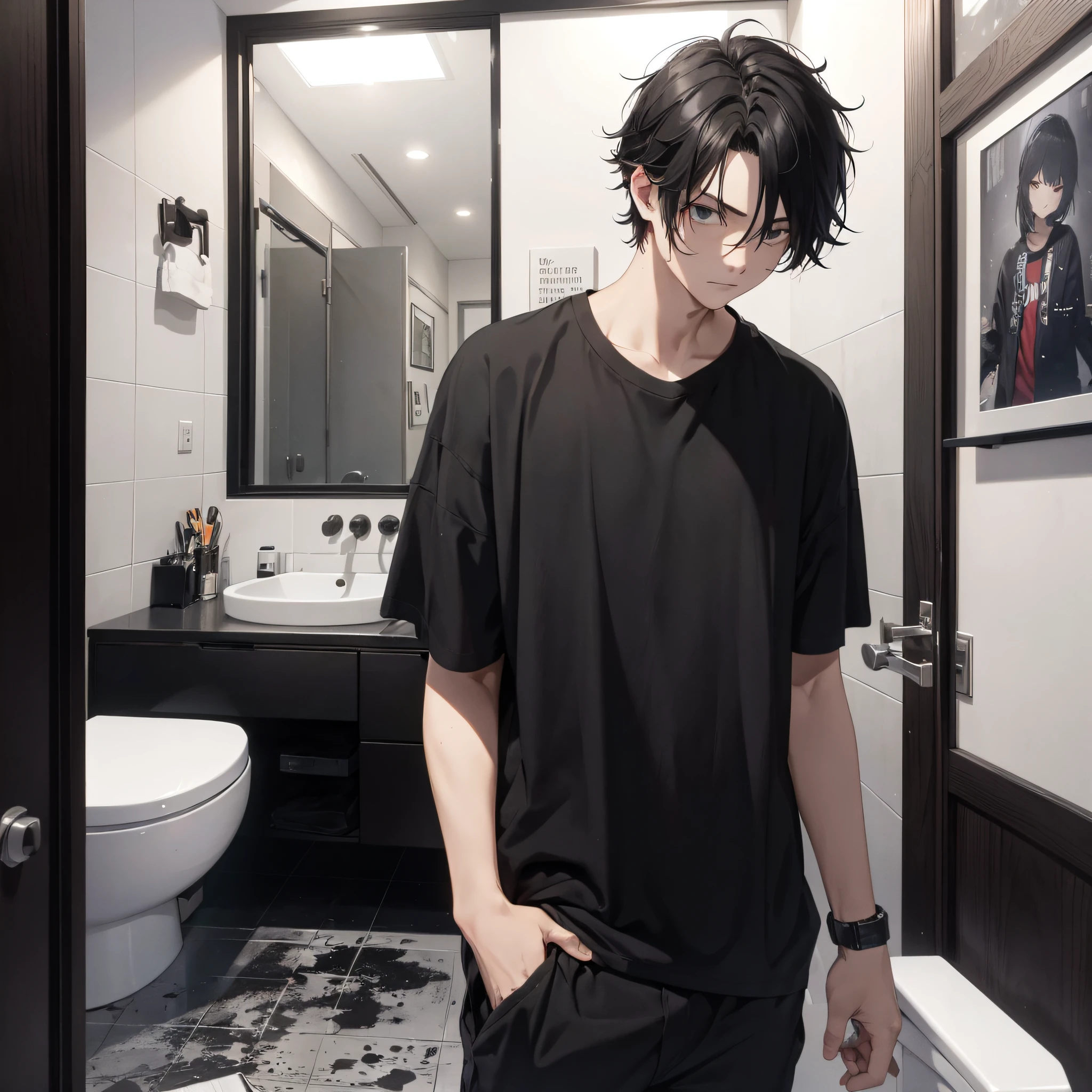 Absurd resolution, high resolution, (masterpiece: 1.4), hyper-detail, young man messy short black hair, black casual clothes, spooky room, toilet doorway