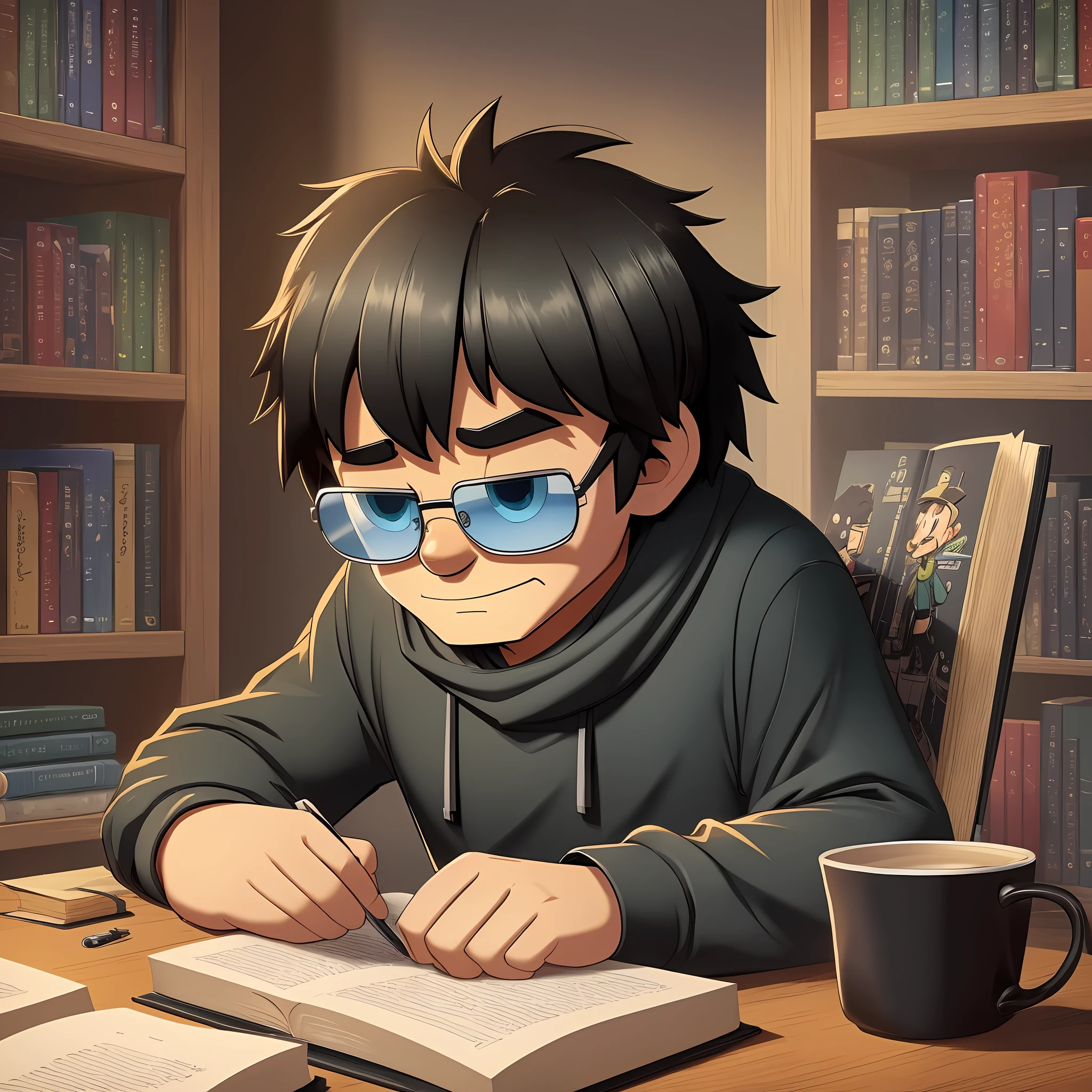 ((Best Quality, 8K, Masterpiece: 1.3)) Generate a set of cartoon characters, man, looking down at a book, is a pocket version, is simple black stick figure, more expressions --auto --s2