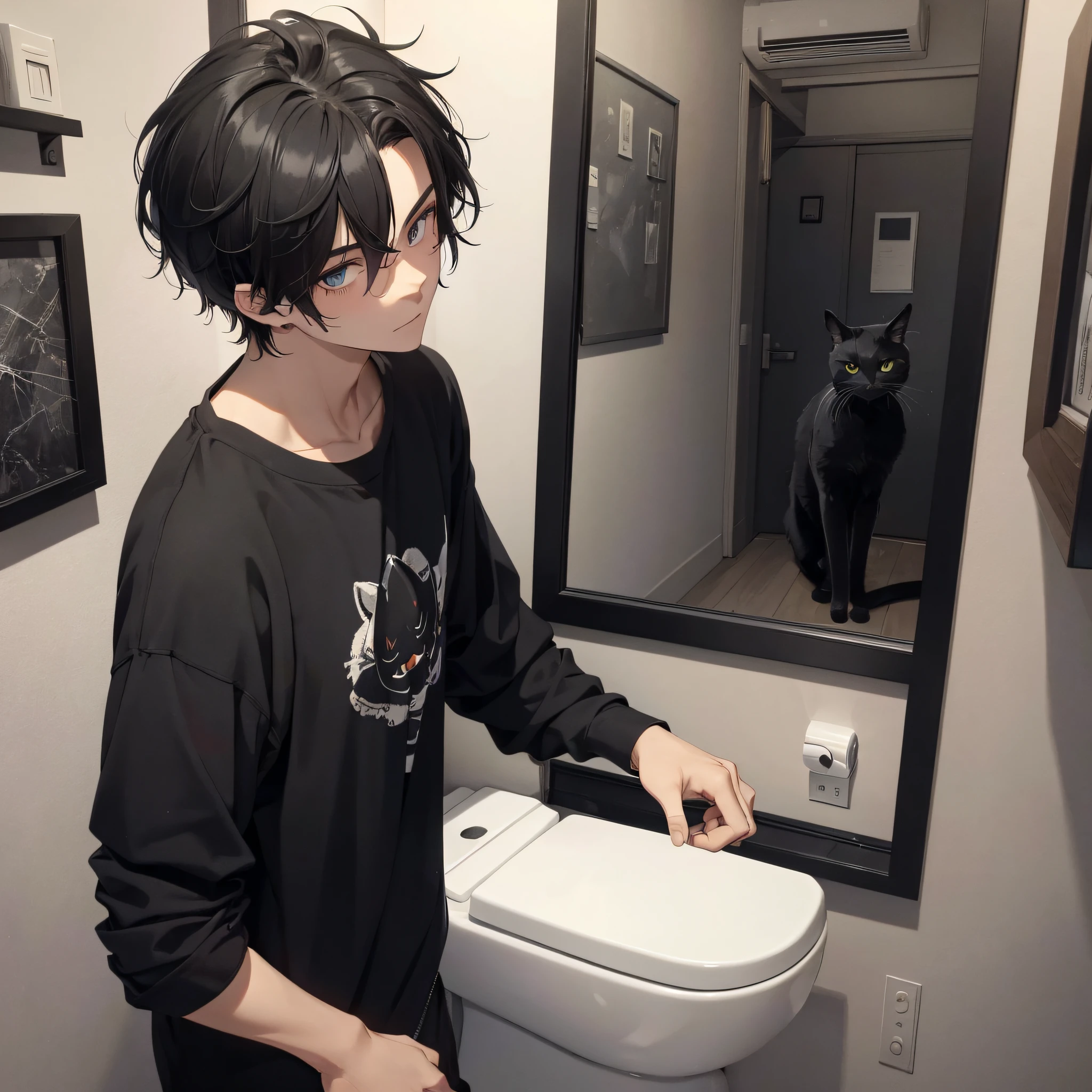 Absurd resolution, high resolution, (masterpiece: 1.4), hyper-detail, young man's messy short black hair, black casual clothes, weird room, toilet doorway, black cat, toilet with a lot of weird scratches
