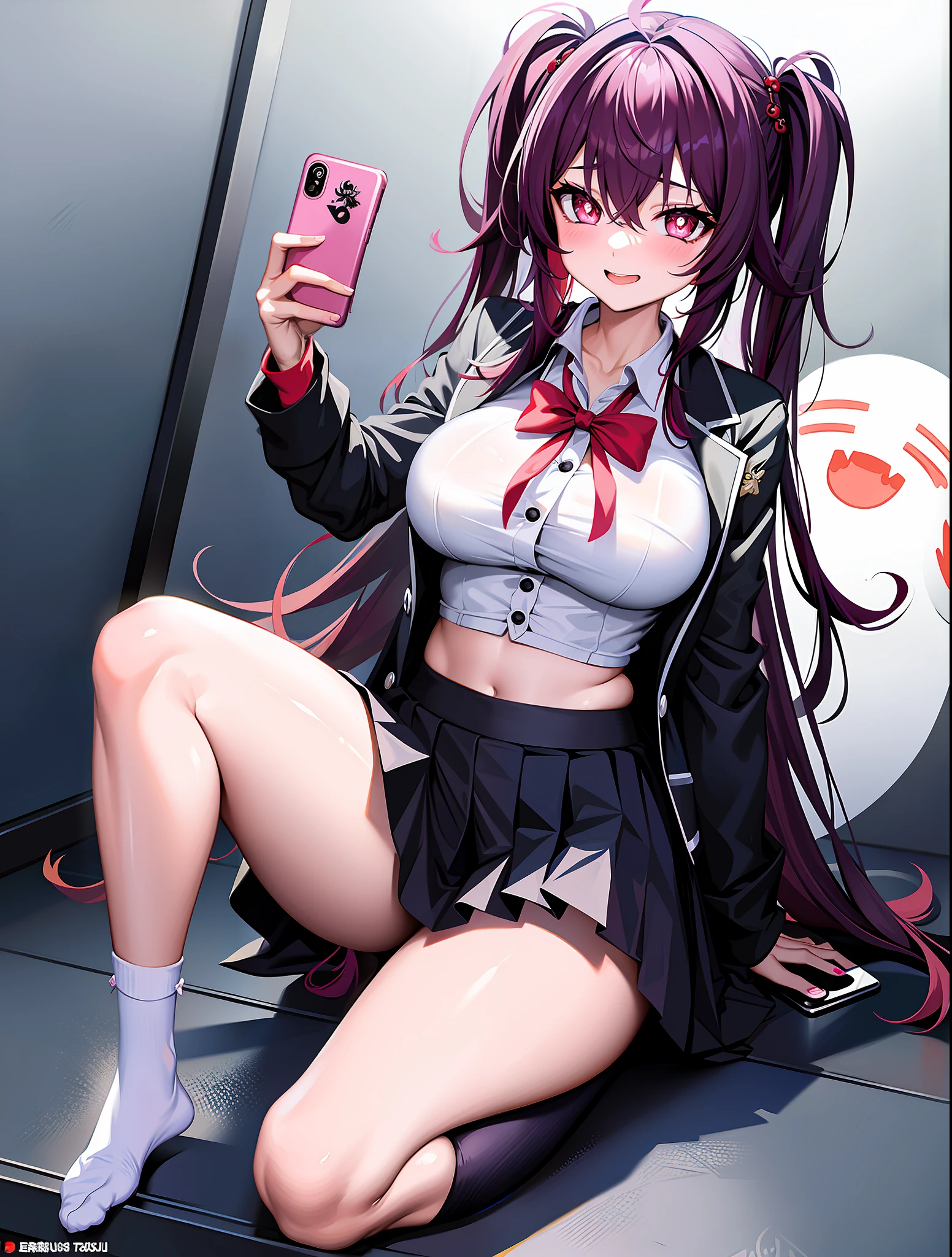 SEXY GIRL, GENSHIN IMPACT, BOO TAO, SYMBOL SHAPED PUPILS SCHOOL UNIFORM, CUTE FACE, BIG BREAST, HAPPY, HOLDING A MOBILE PHONE, TAKING A SELFIE