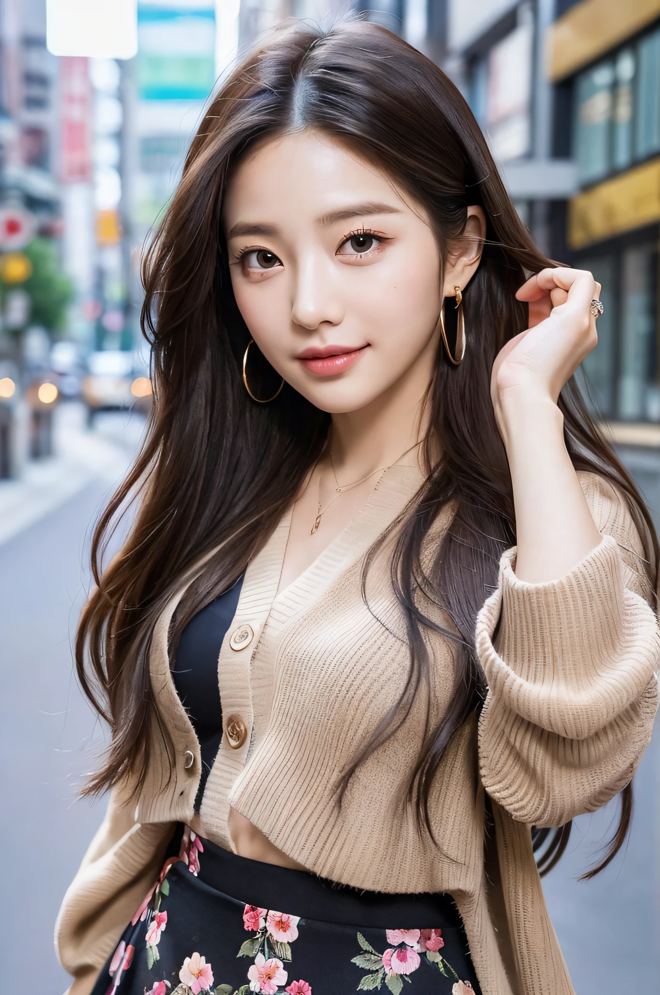 (masterpiece), (portrait), (aesthetic), (beautiful), (upper blody), (high quality), (aesthetic clothings), (professional angle), (rule of thirds), (Feminine), (woman), (female), (beautiful),(feminine features), (25 years), solo, 1 woman, (attractive South Korean), Spring, Soft light, (Standing), Natural Makeup, (Small bust), (()), (Front face), (Joyful expression), ((Playful Mood)), Earrings, ((Long hair)), (Black hair), (Straight hair), (Silky hair), Glossy shine hair, (Hairpin in hair), (Brown eyes), (Fresh look), (Fair skin), (Floral clothing), (Blouse), (Cardigan), (Skirt), Sweetheart neckline), ((City background)), (- in background), (Full Shot shot), beautiful hands, two hands, normal hands, two arms, complete hands, beautiful body, beautiful fingers, normal fingers, five fingers, five fingers, (Thumb index meddle ring little fingers), beautiful ears, normal ears, beautiful eyes, shiny eyes, beautiful mouth, beautiful lips,