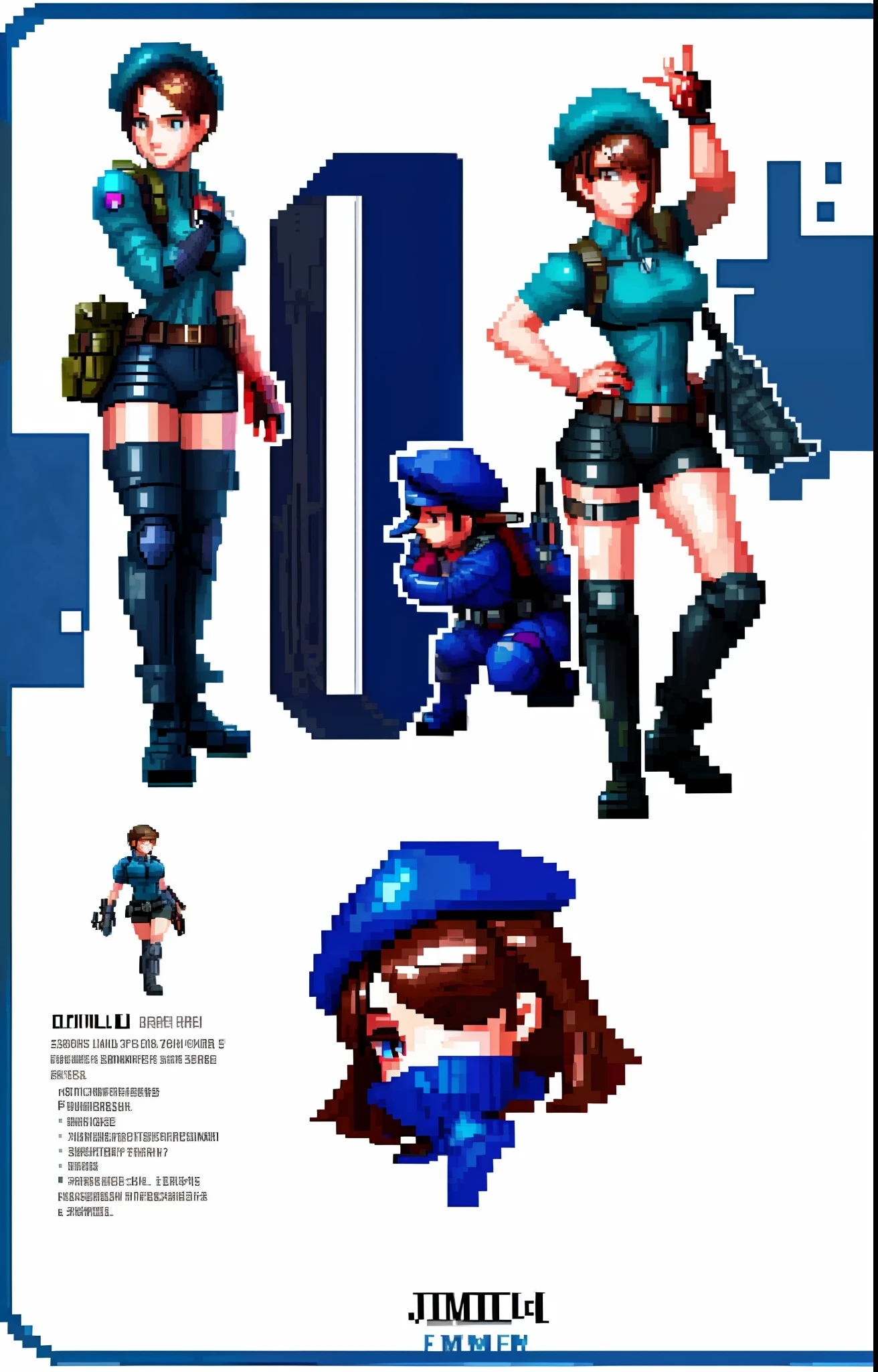 reference sheet of a character wearing the same clothes, Jill Valentine, short brown hair, soldier's beret, armor, pixel art