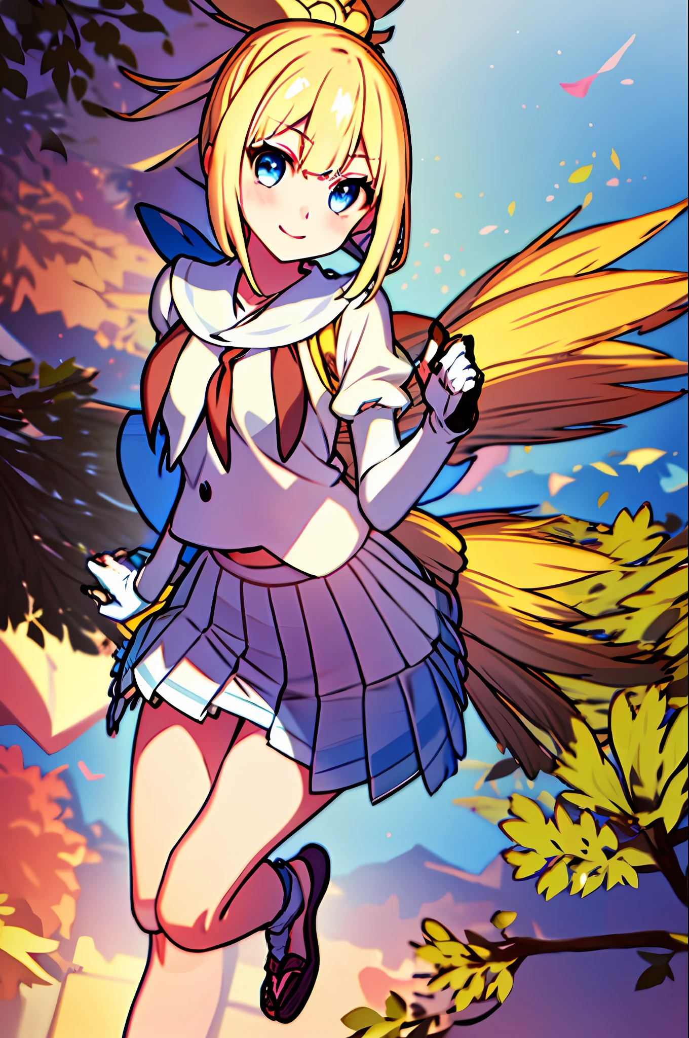 masterpiece, best quality, highres, 1girl, kazama iroha, blonde hair, fingerless gloves, gloves, sarashi, thighhighs, japanese clothes, white thighhighs, skirt, haori, black gloves, hairband, bangs, sandals, sheathed, pleated skirt, ponytail, chest sarashi, breasts, sheath, blue eyes, hair between eyes, black hairband, hair ornament, leaf hair ornament, long sleeves, covered navel, miniskirt, large breasts,