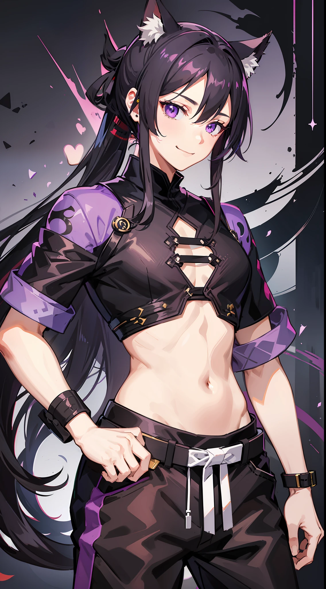 Young guy, long black hair, high ponytail, purple eyes, cat ears, shinobi shape, pants, open belly, smile, masterpiece, high quality