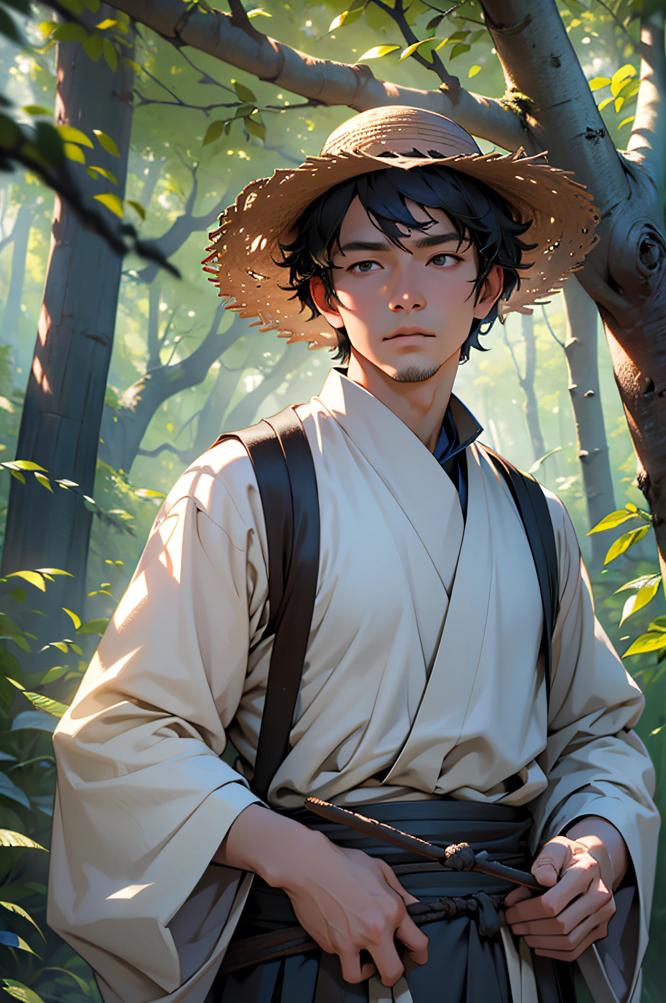 Best quality, masterpiece, expressionless, super high resolution, detailed background, realistic, 1 person, solo, male, short hair, no beard, standing, tree, forest, real shadow and light, depth of field, wearing Shaanxi peasant costume, straw hat on head