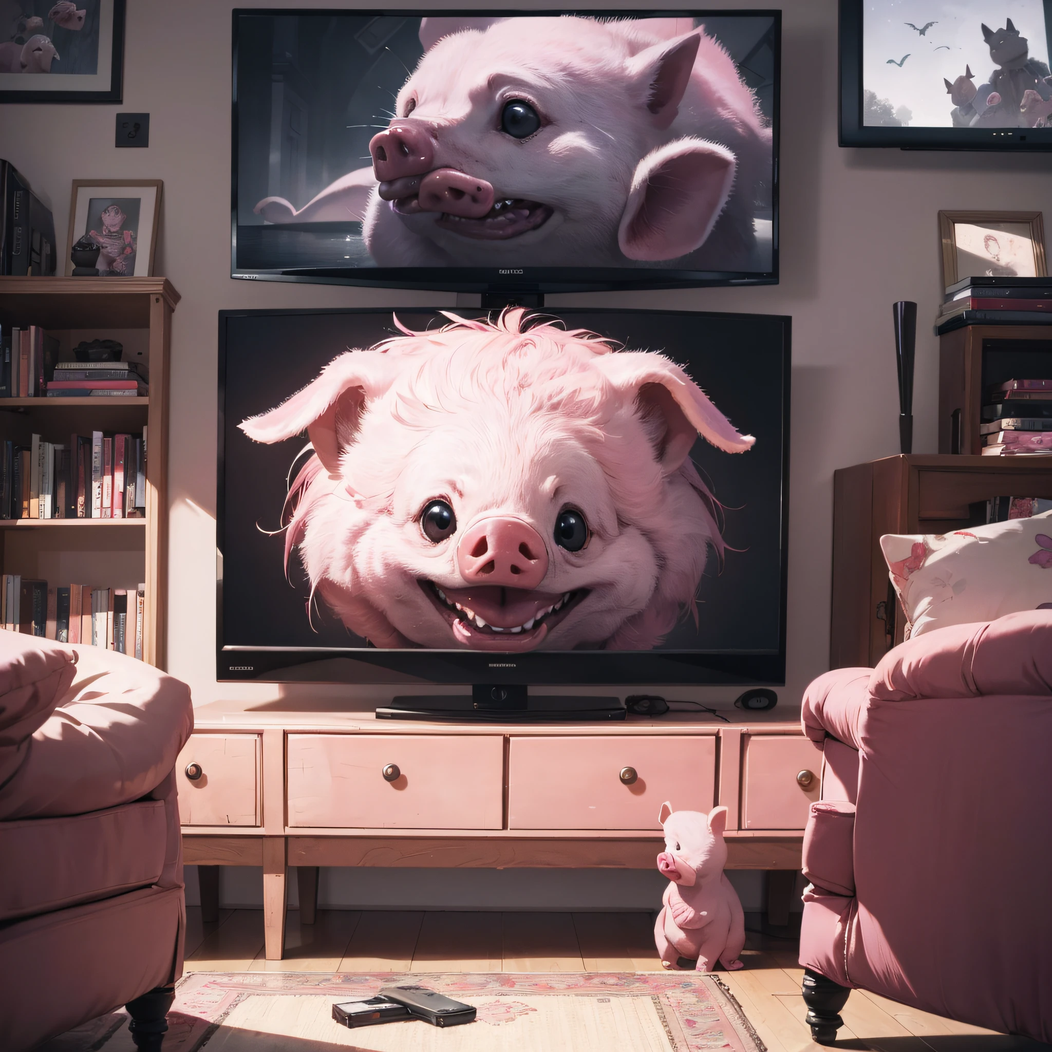 Absurd resolution, high resolution, (masterpiece: 1.4), hyper-detailed, spooky room, a pink piglet on top of the TV screen (1.3)
