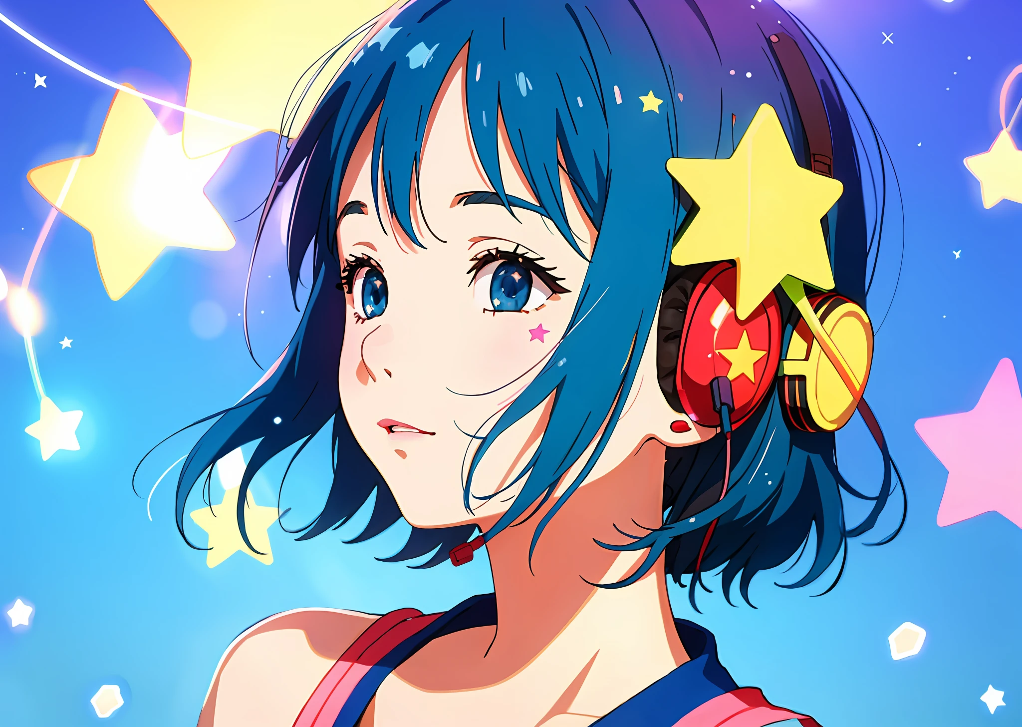 stars, shining, people play and party, summer, headphone and music in the background, vibrant colors, bright sunny background, Ghibli studio