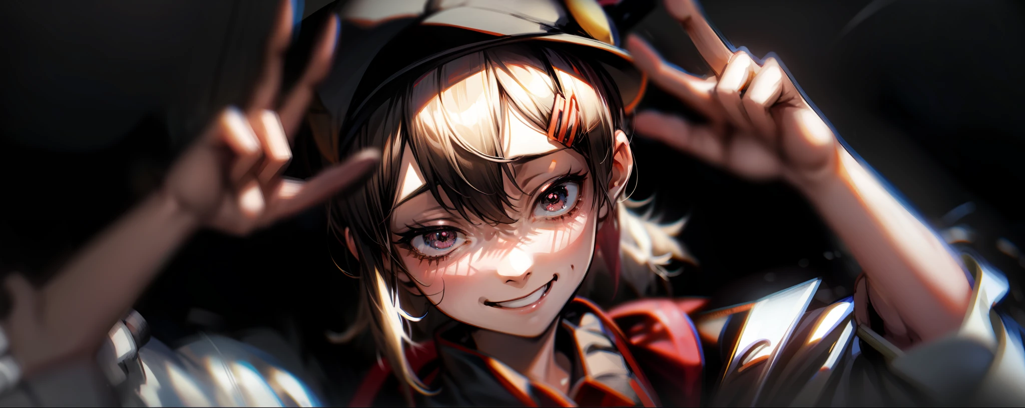 anime, kobeni_chainsawman, kobeni, holding out a peace sign, smiling, black background, studio lighting