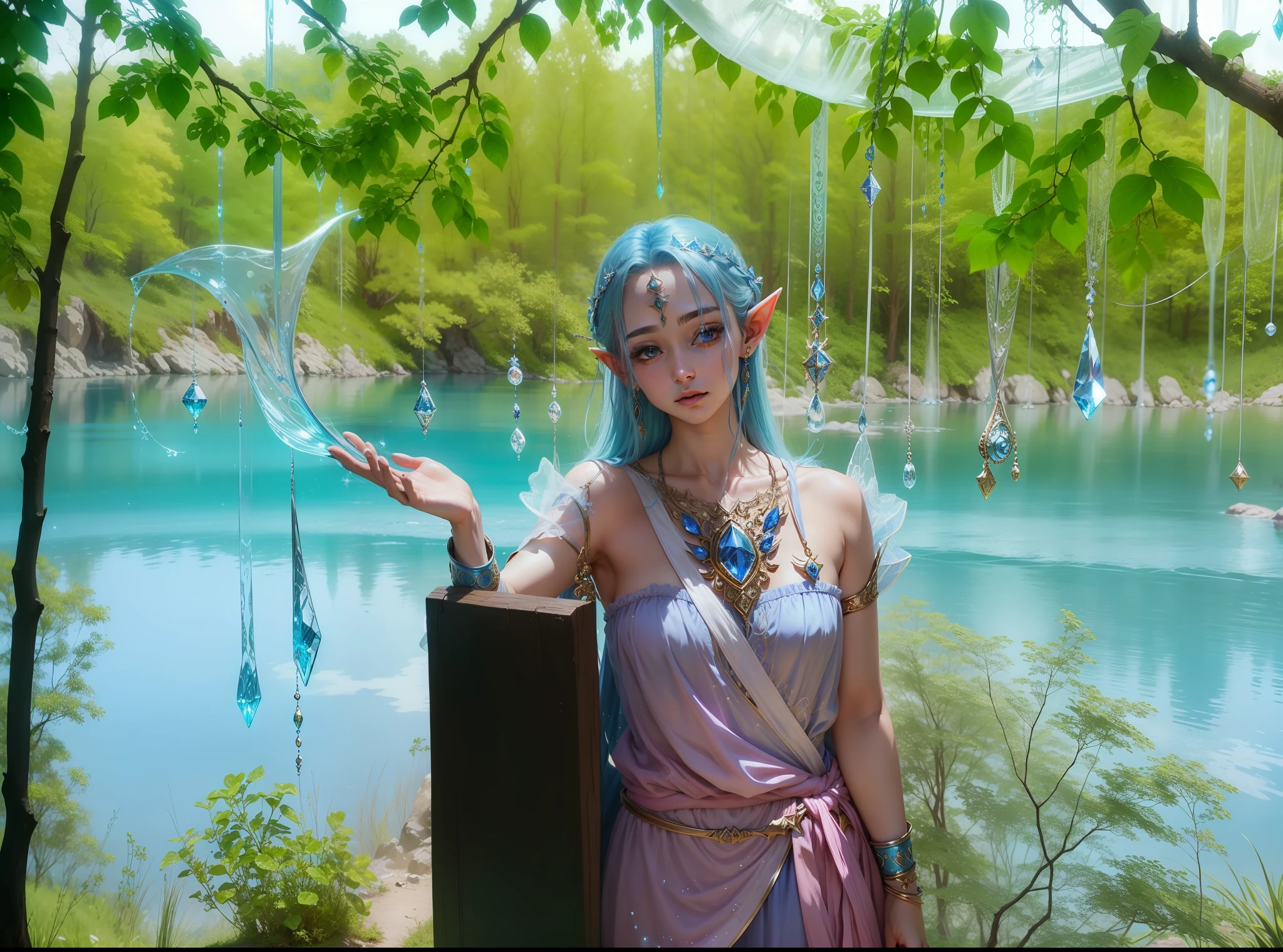 Elves, fairy spirits, blue water, secret realm, stars, goddess's clothes, magic array on hands, blingbling's clothes, clear face, dreamy, straight facial features, open eyes, blue hair --auto --s2