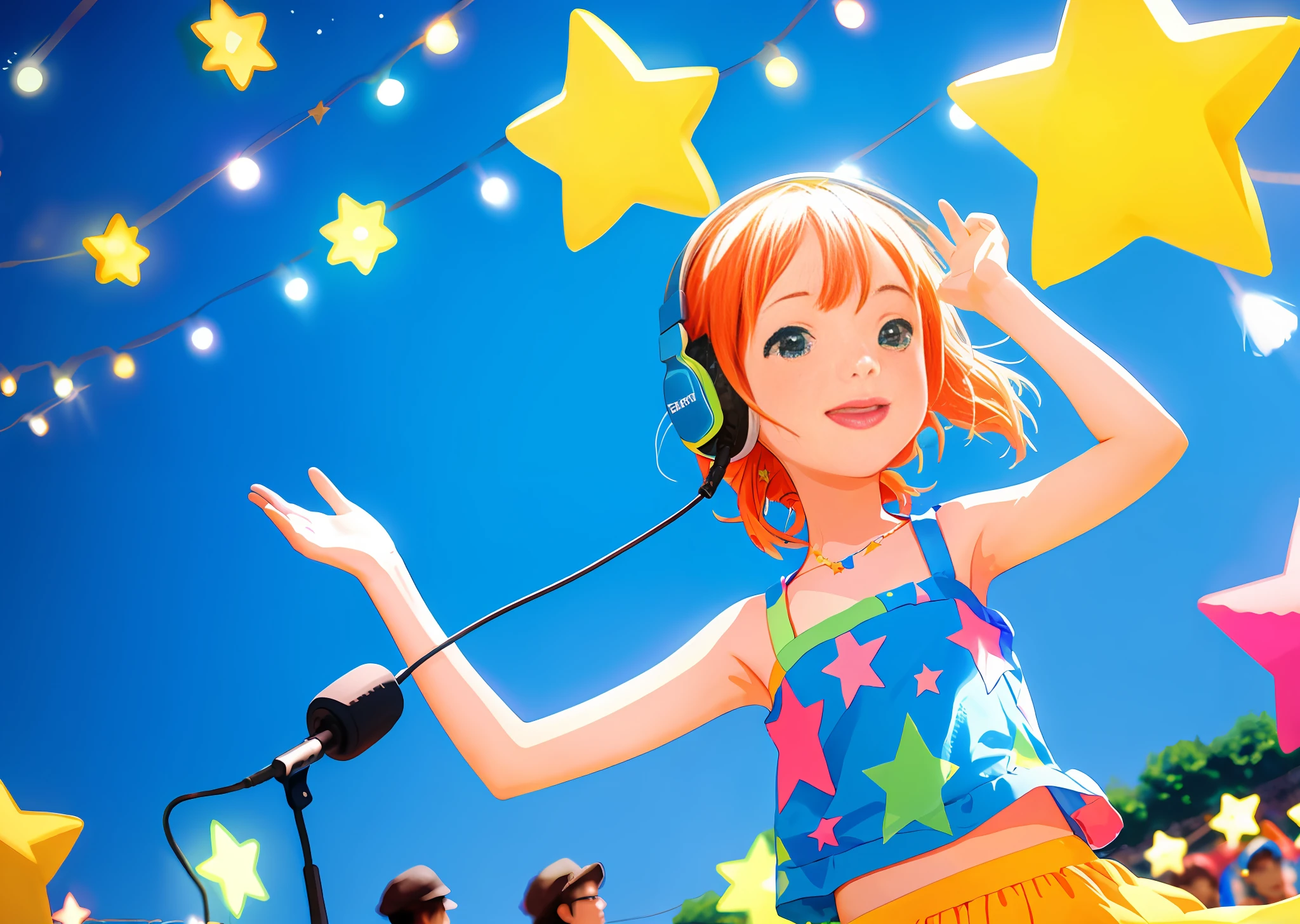 stars, shining, people play and party, summer, headphone and music in the background, vibrant colors, bright sunny background, Ghibli studio