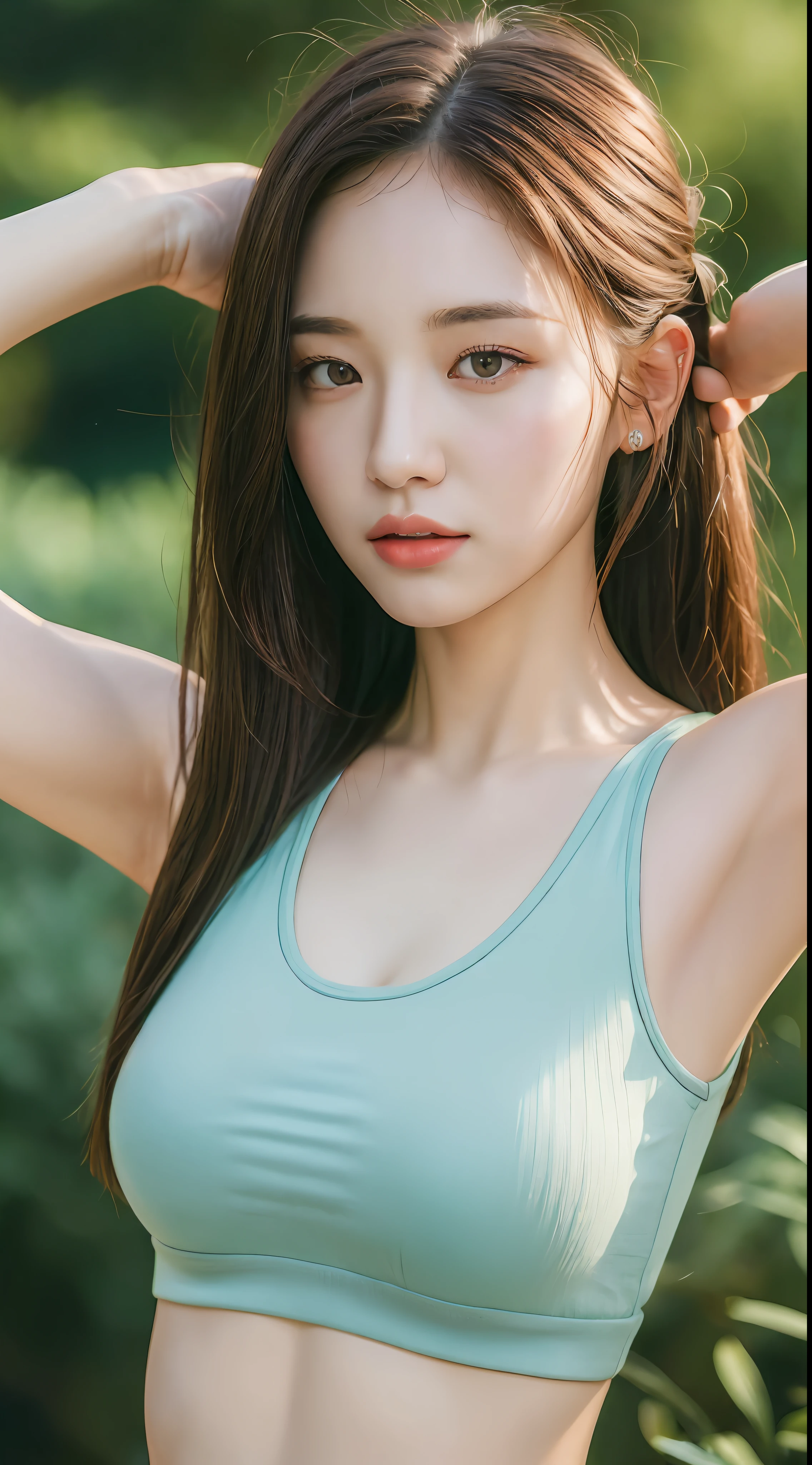 ((Best quality, 8k, Masterpiece :1.3)), 1girl, Pretty woman with emphasizing slender abs :1.3, (random hairstyles :1.2), Oversized tank top :1.2, Ultra-detailed face, Detailed eyes, Double eyelid, alice toggle