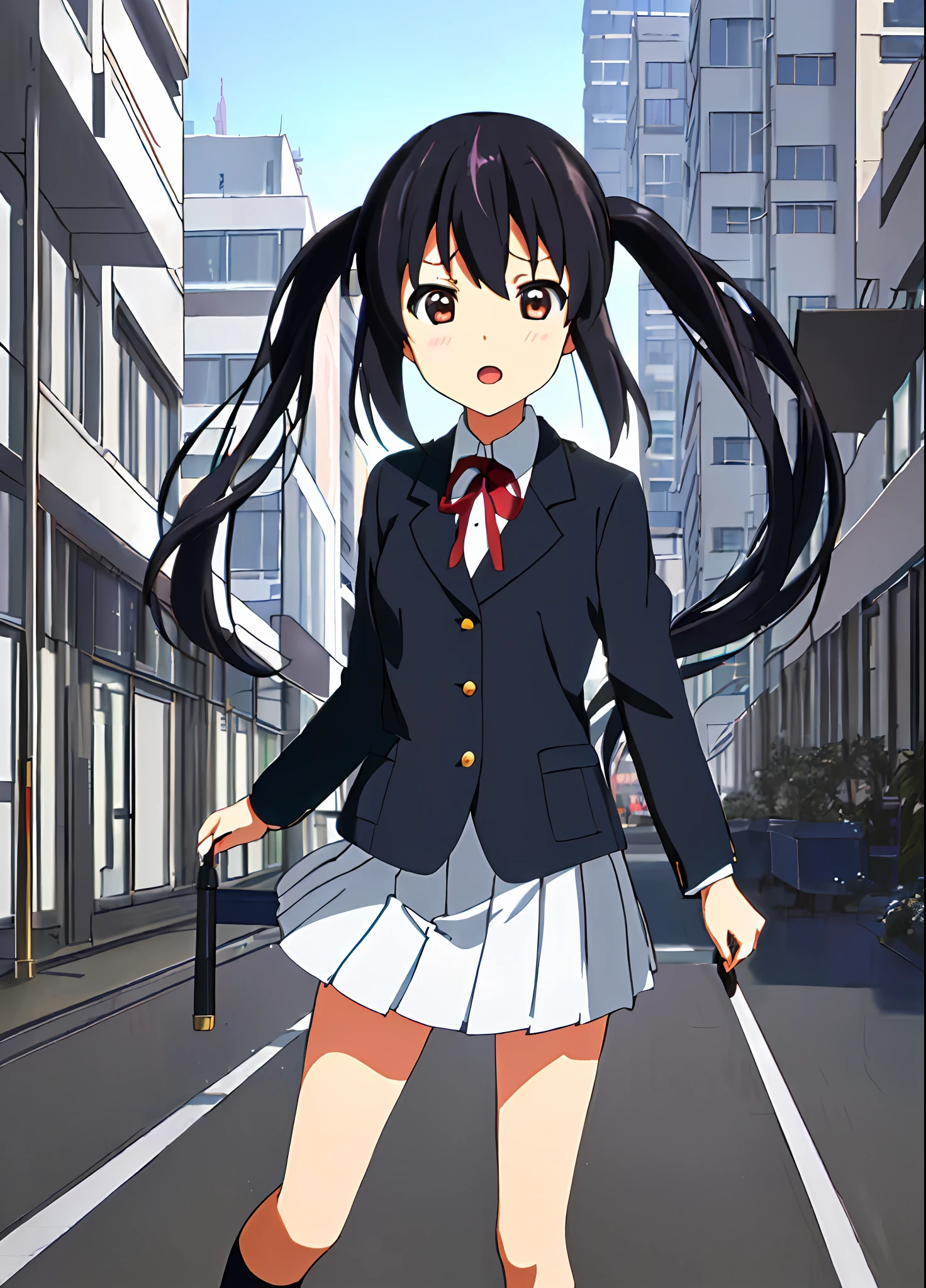 1girl, ((((Masterpiece))), Best Quality, Best Quality, High Detail, Azusa Nakano, 1girl, Sakuragaoka High School Uniform, Musical Instrument, School Uniform, Twin Tails, Long Hair, Black Hair, Brown Eyes, Solo, Red, Dark blue blazer with a thin ribbon of red, Solid white button shirt under blazer, Illustration, Cartoon, Soothing tones, Muted colors, Soft cinematic light, Adobe Lightroom, Photo Lab, HDR, complex and highly detailed, (((depth of field))))). (((Masterpiece))). (((highest quality))).) ((super detail))). (((Illustration))). (((Outside))). (((fighting stance))).,((((Giantization))).dynamic focus.small breasts. (((skyscrapers))). (((Cityscape))). (((Face of sadness))). open mouth.
