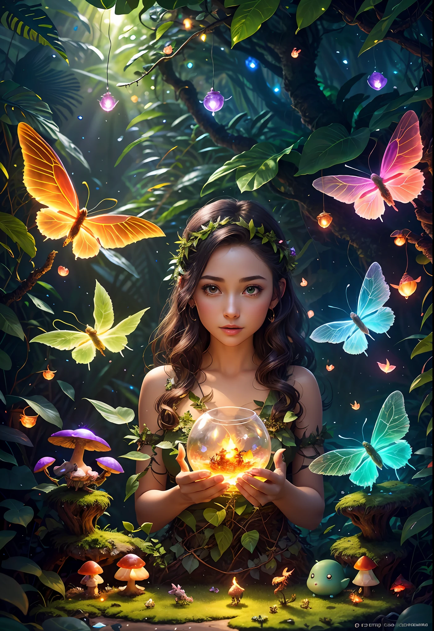 Fantasy in a glass, "ethereal roses, cute slime animals, glowing little mushrooms surrounded by delicate leaves and branches, and fireflies and glowing particle effects, girls in dynamic poses", (natural elements), (jungle theme), (leaves), (branches), (fireflies), butterflies, (delicate leaves), (glow), (particle effects), super realistic, super detailed, dramatic lightning, 4k, masterpiece,