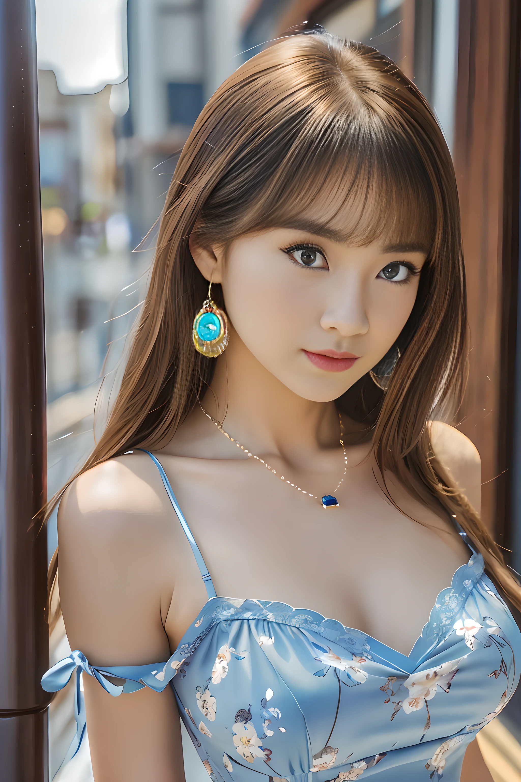 (Midnight, Best Quality, 8k, Masterpiece: 1.3)), Focus: 1.2, Perfect Shape, Pretty Women: 1.4, ((Brown Hair, Big: 1.5)), (See-Through Dress with Floral Pattern: 1.4, Camisole Dress: 1.5, Standing: 1.2), (Night City View, Rooftop: 1.3)), Highly Detailed Face and Skin Texture, Detailed Eyes, Double Eyelids, Blue eyes, night view, gas lamp light, Alone: 1.3, Necklace with oversized earrings, Alone, focus on chest, (Lech forward: 1.3),(Best quality, 8k, 32k, masterpiece, UHD: 1.2), cute Japan woman photo, ((Woman posing with long light brown hair and blue eyes, love beauty, perfect face with realistic shading, realistic painting, precisionism, cowboy shot photo)) , light smile, arms behind head, gorgeous necklaces and earrings, beautiful breasts, slouching angle from below (focus on lower chest), camera zooms in on chest --auto --s2