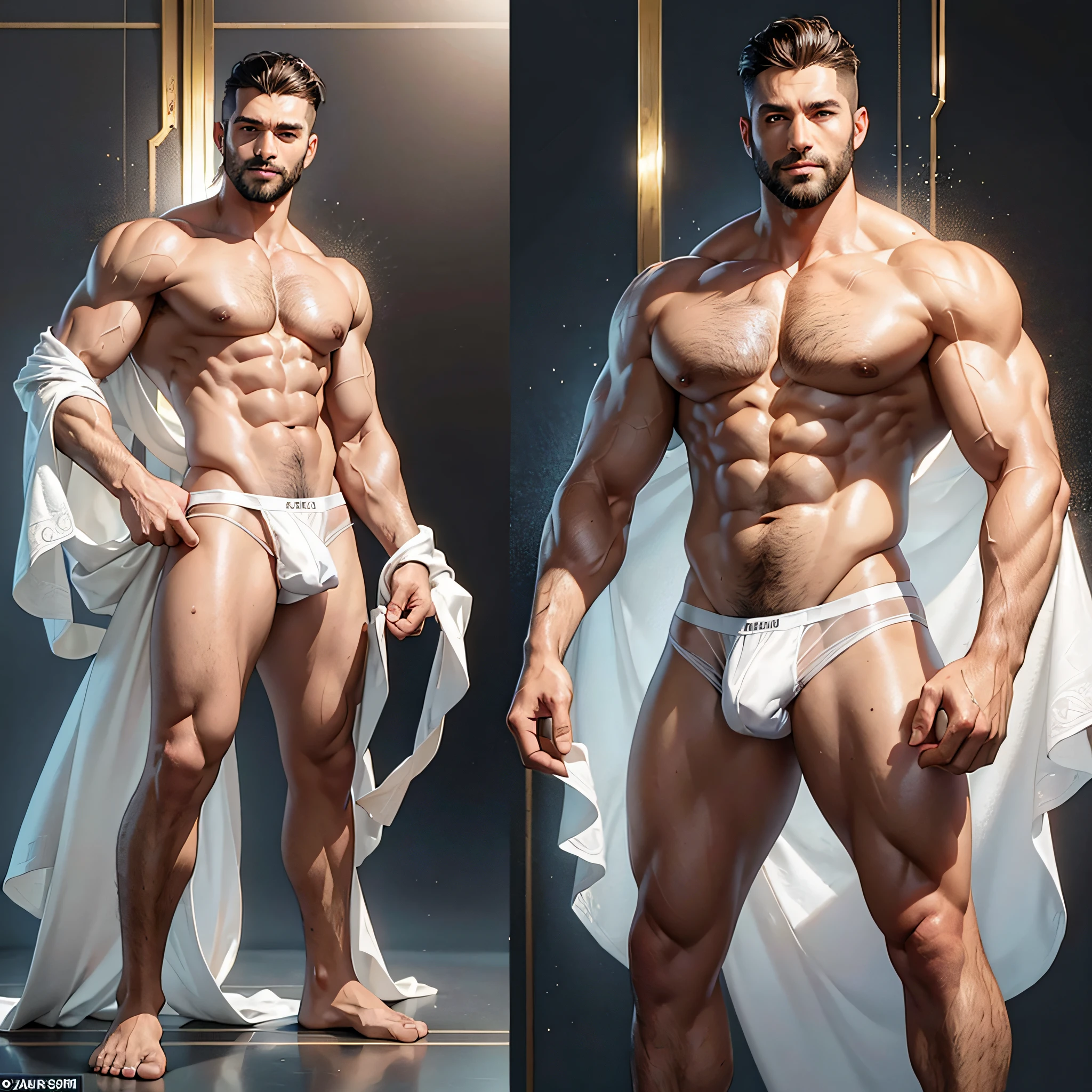 Best quality, realistic, award-winning illustrations, Full Body Display (Intricate Details: 1.2), (Fine Details), (Intricate Details), (Cinematic Lighting, Best Quality), Sharp Lines, Sharp Focus, Official Art, 16k, On White Background, (A Man with a Bad Smile: 1.3), A Naughty Young Boss, A Shredded Short Hair and a Muscular Man with Stubble with a Beard, Macho (Short Hair Beard: 1.3), One Inch Head and a Smiling Look, Approx. 32 Years Old, (32 Years Old), Short Inch Hair, (Beard: 1.3), (Detail with Light Wrinkles on the Face: 1.2), (Mature Male Facial Detail: 1.2), (No Beard: 1.3) , pronounced male characteristics, flirting with the camera. No top, bare chest, revealing perfect chest muscles and alluring, only the lower body wearing completely transparent skin-colored thongs, naked, thick, varicose veins, slightly shiny, slightly nude, seems to overflow, alluring faint overflow, extreme detail depiction, man poses for photos, sexy and provocative, all white background, poses to take pictures. Full body display (transparent skin-colored tong: 1.7) (Vaguely revealing internal structure: 1.6) (Full body display: 1.6) --auto --s2