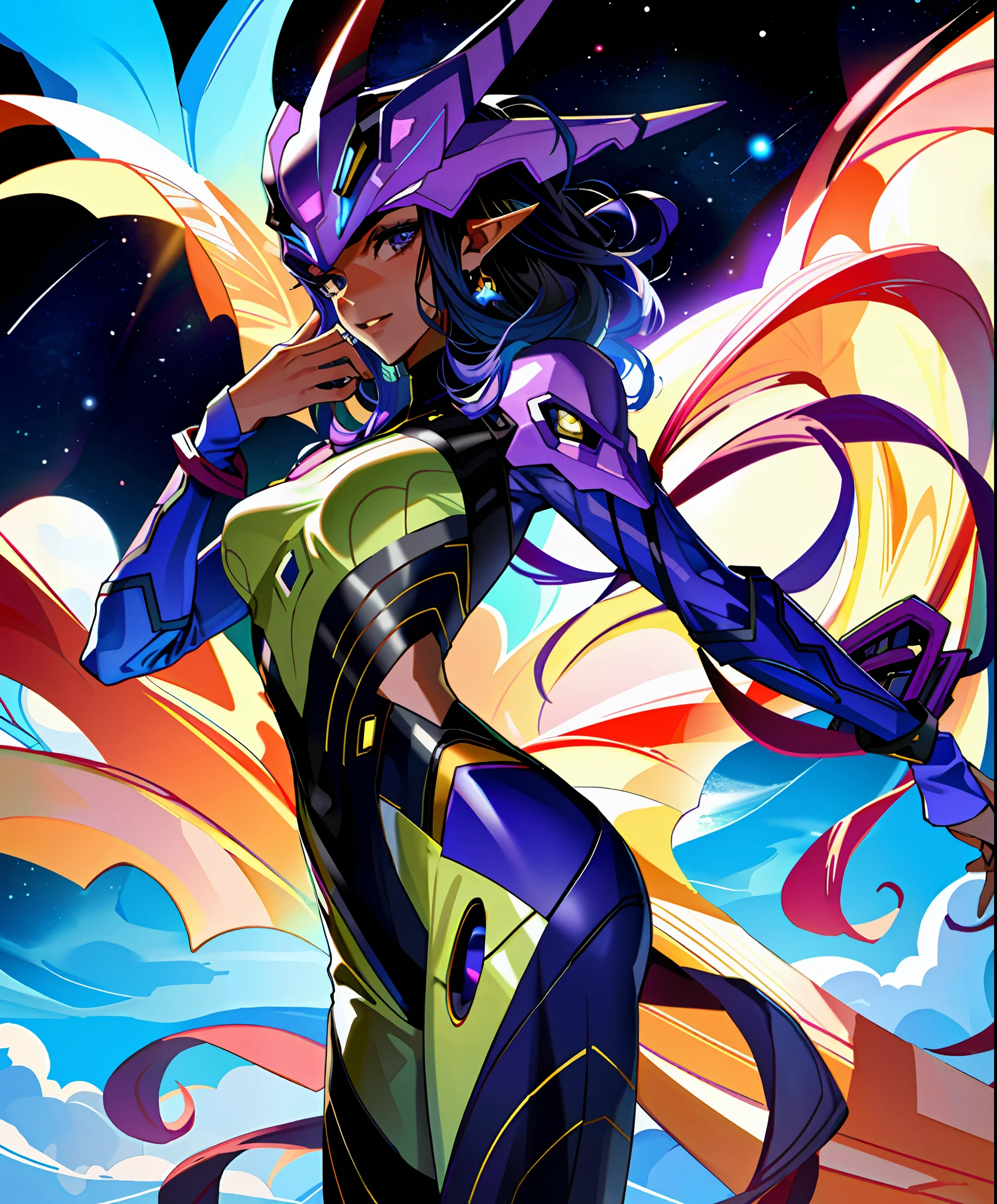 masterpiece, high quality, sharp focus, deep space photography, alien woman, purple skin, tentacles, alien costume, perfect face, perfect jawline, textured skin, beautiful lips, cowboy shot, sunrays, movie lighting, cool atmosphere, 8k, uhd, absurd
