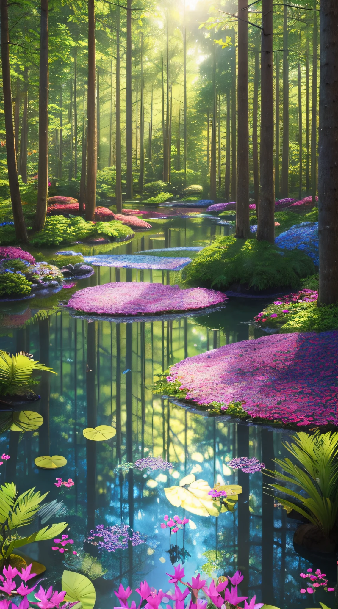 High resolution, masterpiece, photoquality, 8K, hyper-detailed, psychedelic feeling, dream forest, tall trees in the forest, dense foliage, sunlight spilling through the leaves on the ground, emitting a faint glow, a stream flowing through the forest, (a colorful butterfly, it dances among the flowers: 1.5), wildflowers, gently swaying in the breeze, a small pond, multi-color matching, soft light, edge light, ray tracing, global illumination, hyperrealism, realistic 3D, wide field of view --auto --s2