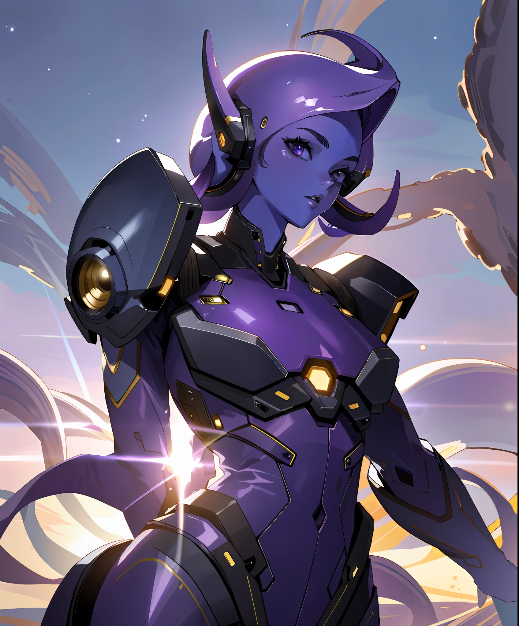 masterpiece, high quality, sharp focus, deep space photography, alien woman, purple skin, tentacles, alien costume, perfect face, perfect jawline, textured skin, beautiful lips, cowboy shot, sunrays, movie lighting, cool atmosphere, 8k, uhd, absurd