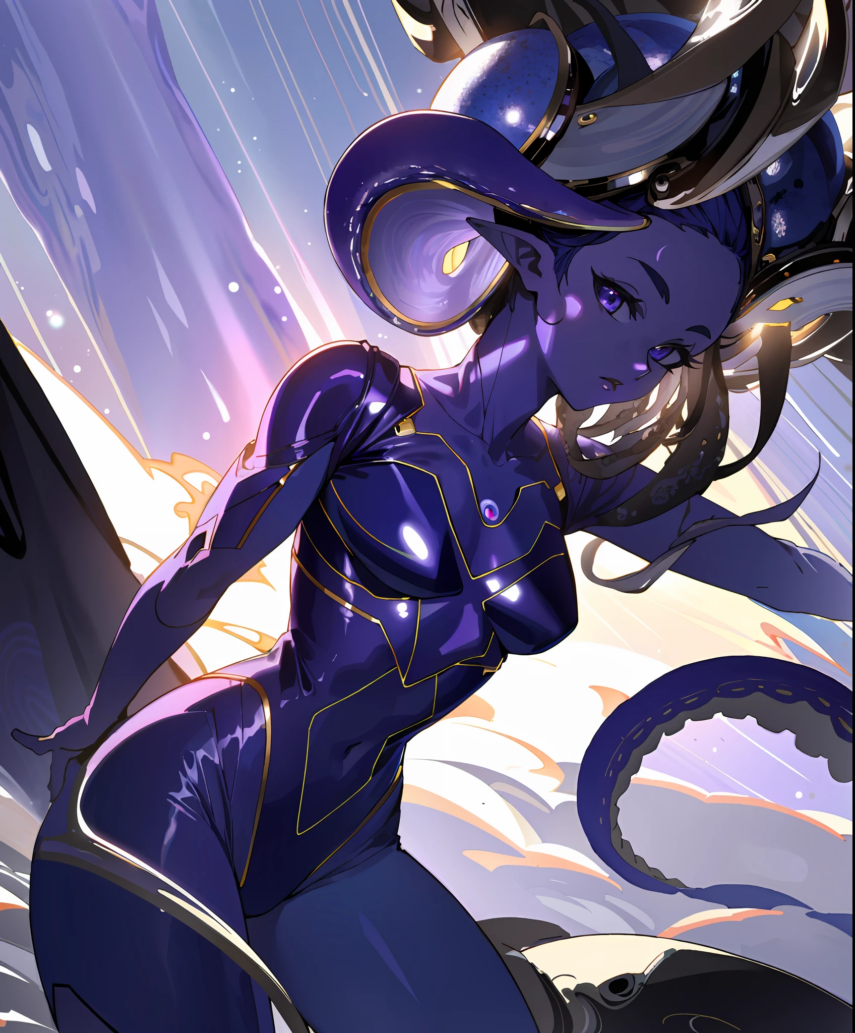 masterpiece, high quality, sharp focus, deep space photography, alien woman, purple skin, tentacles, alien costume, perfect face, perfect jawline, textured skin, beautiful lips, cowboy shot, sunrays, movie lighting, cool atmosphere, 8k, uhd, absurd