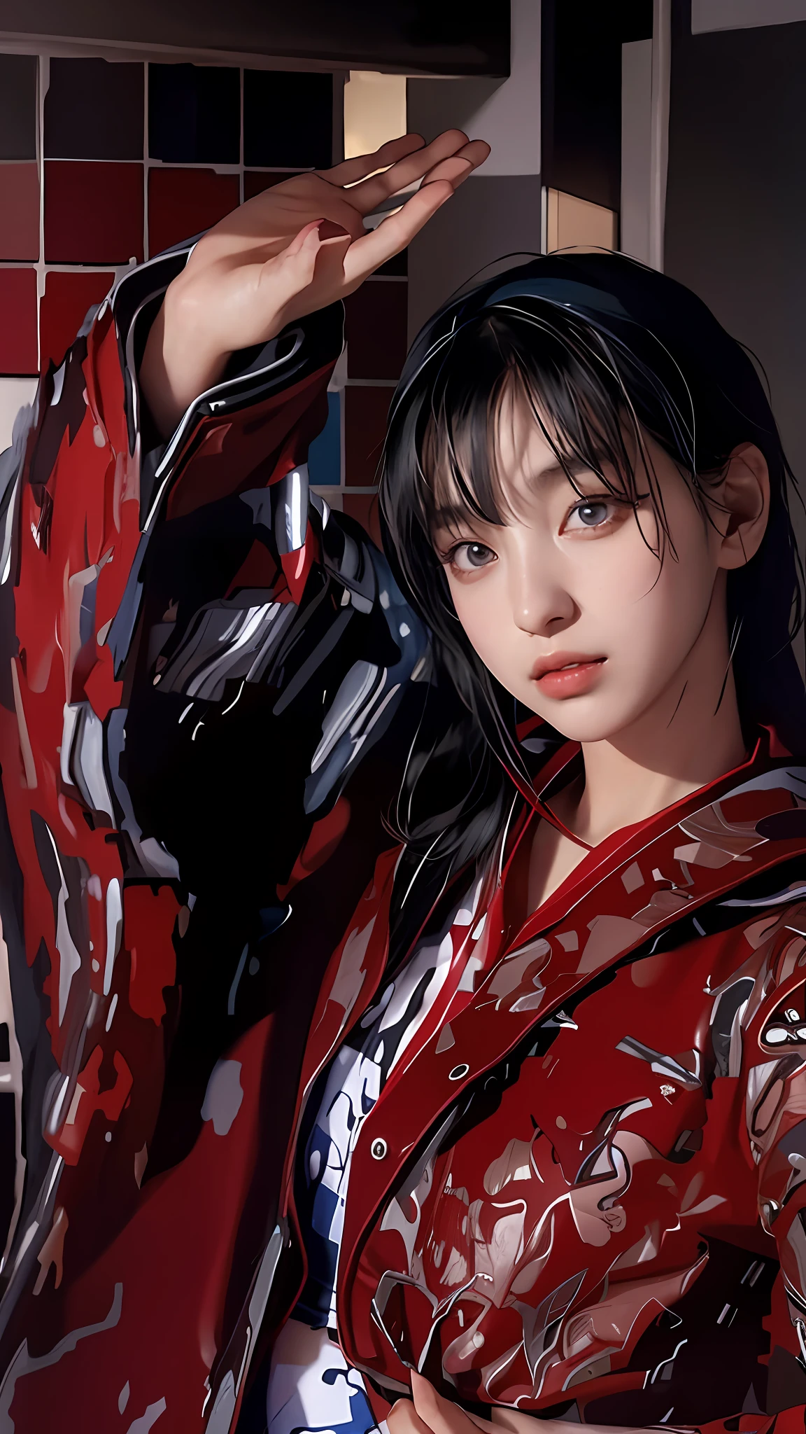 Black hair, red jacket, half of the jacket is dark blue, photorealistic, high resolution, 1 girl,korean, heterochromic eyes,