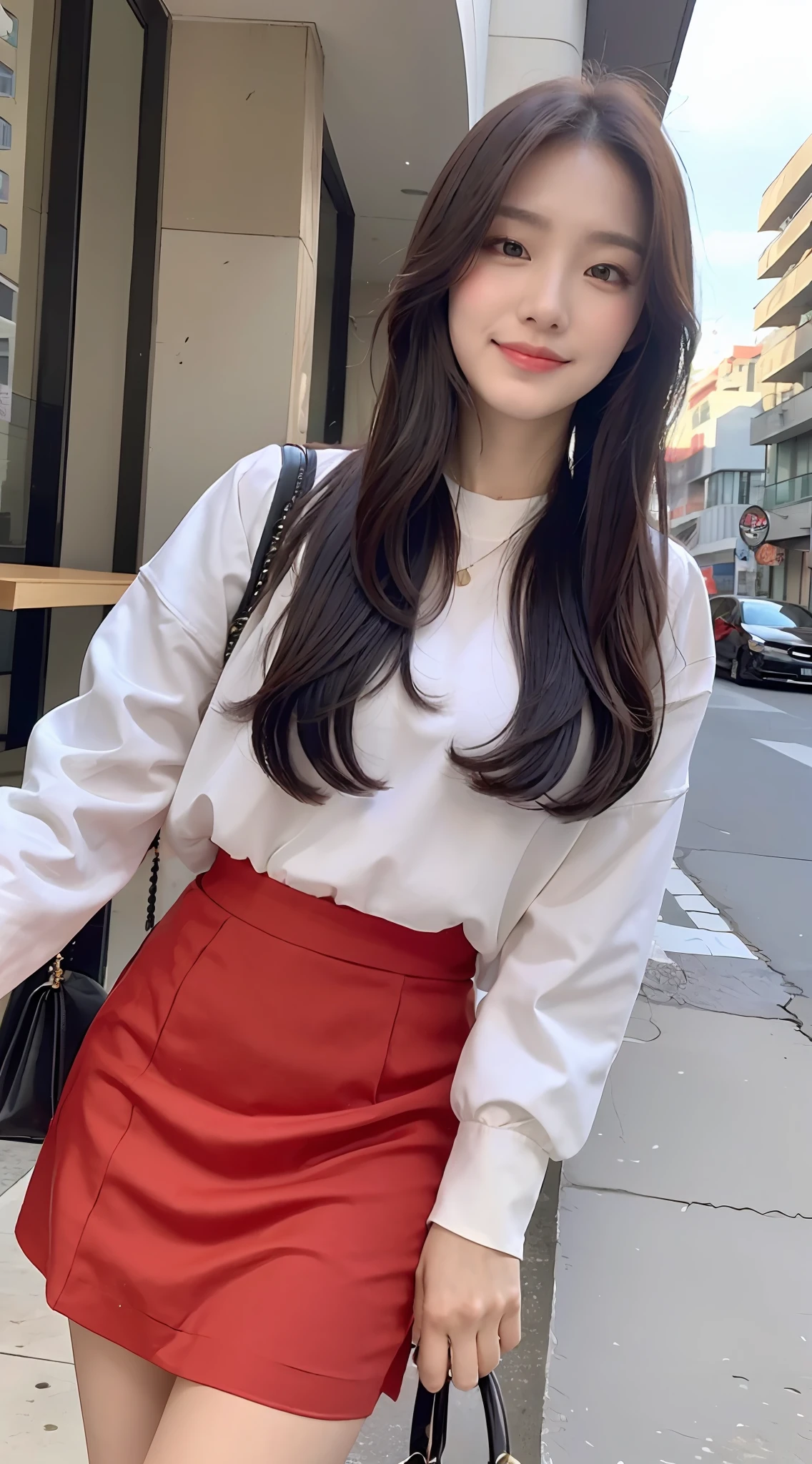 (1 Korean star with royal sister style), ((best quality, 8k, masterpiece: 1.3)), (slender body: 1.3), focus: 1.2, perfect body beauty: 1.4, (smile), (street: 1.3), highly detailed face and skin texture, fine eyes, double eyelids, whitened skin, (black straight face: 1.3), (round face: 1.5), (big red skirt: 1.4),