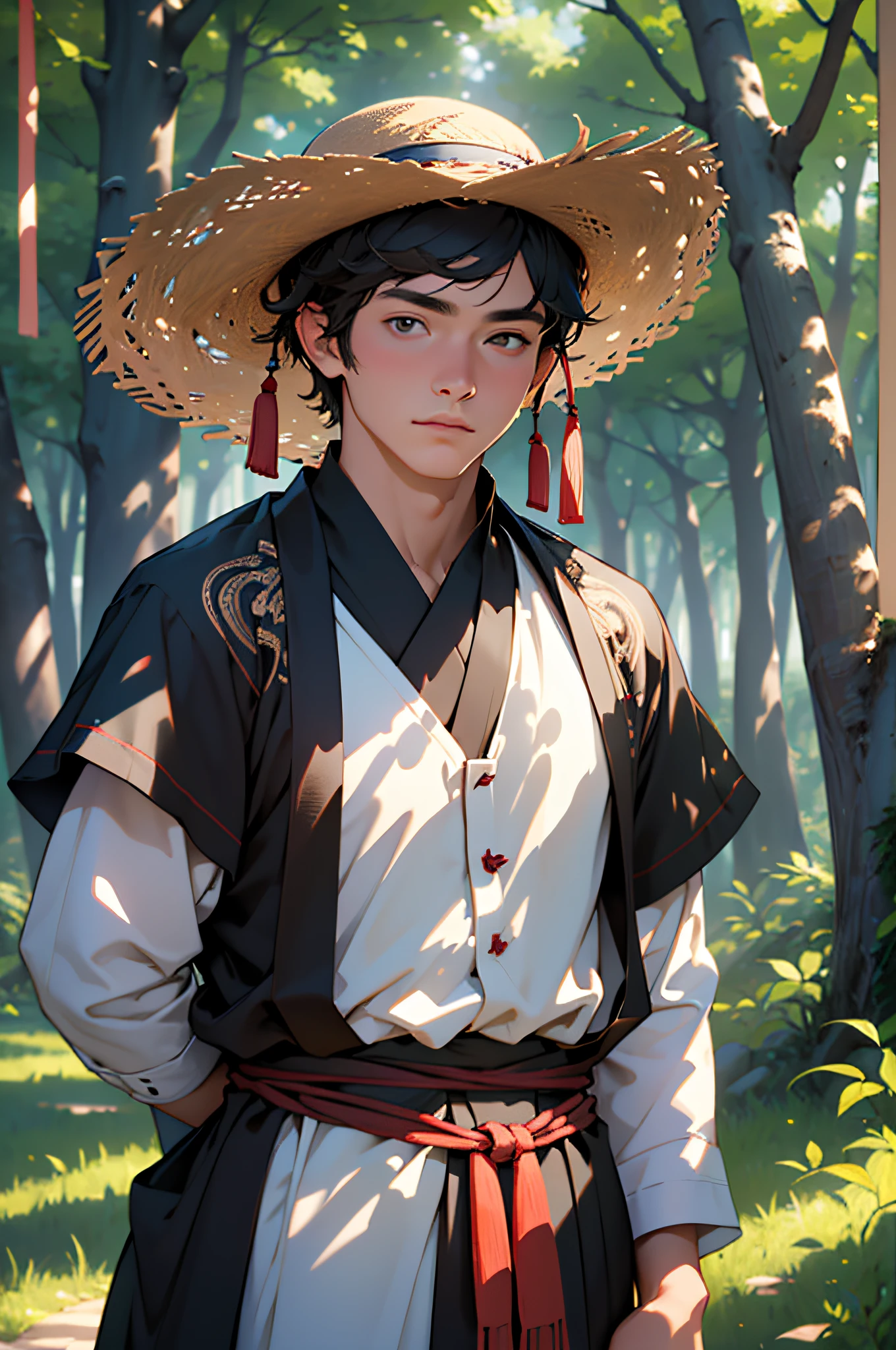 Best quality, masterpiece, expressionless, super high resolution, detailed background, realistic, 1 person, solo, (male: 18 years old), short hair, no beard, standing, tree, forest, real shadow and light, depth of field, wearing Shaanxi peasant costume, straw hat on the head
