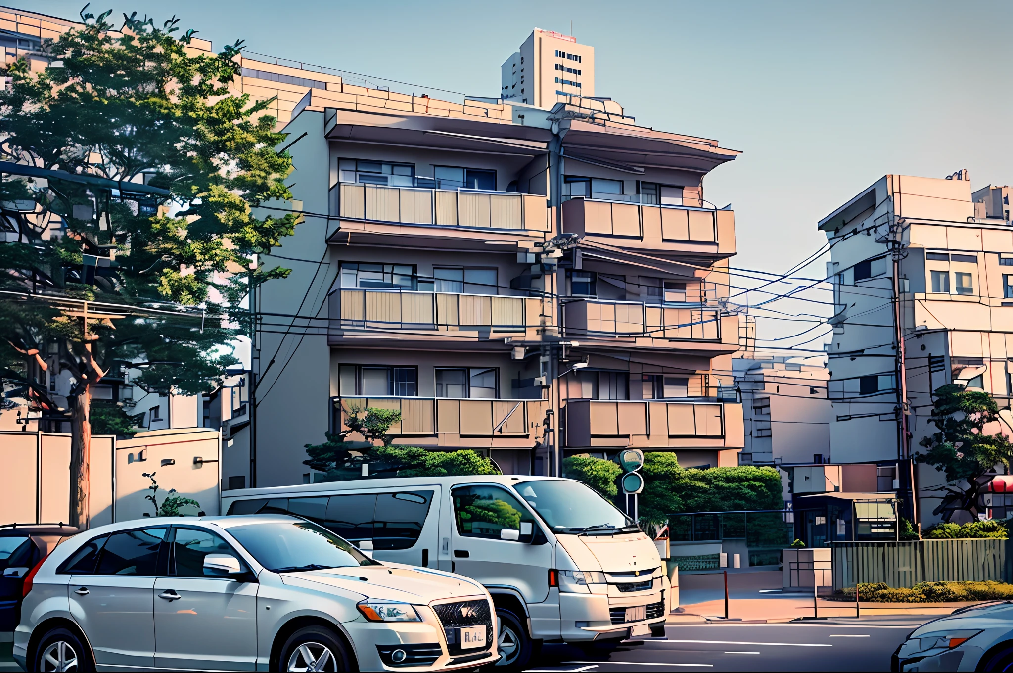 Line drawing, car parked in parking lot in front of skyscraper, residential area, Japan apartment, full building, Japan house, Tokyo, Japan neighborhood, single building, f / 1. 9-6.8-1mm ISO 4-0, shot with Canon 8-0D, 2-4mm ISO 8-0-0, Hironaka, architectural shots
